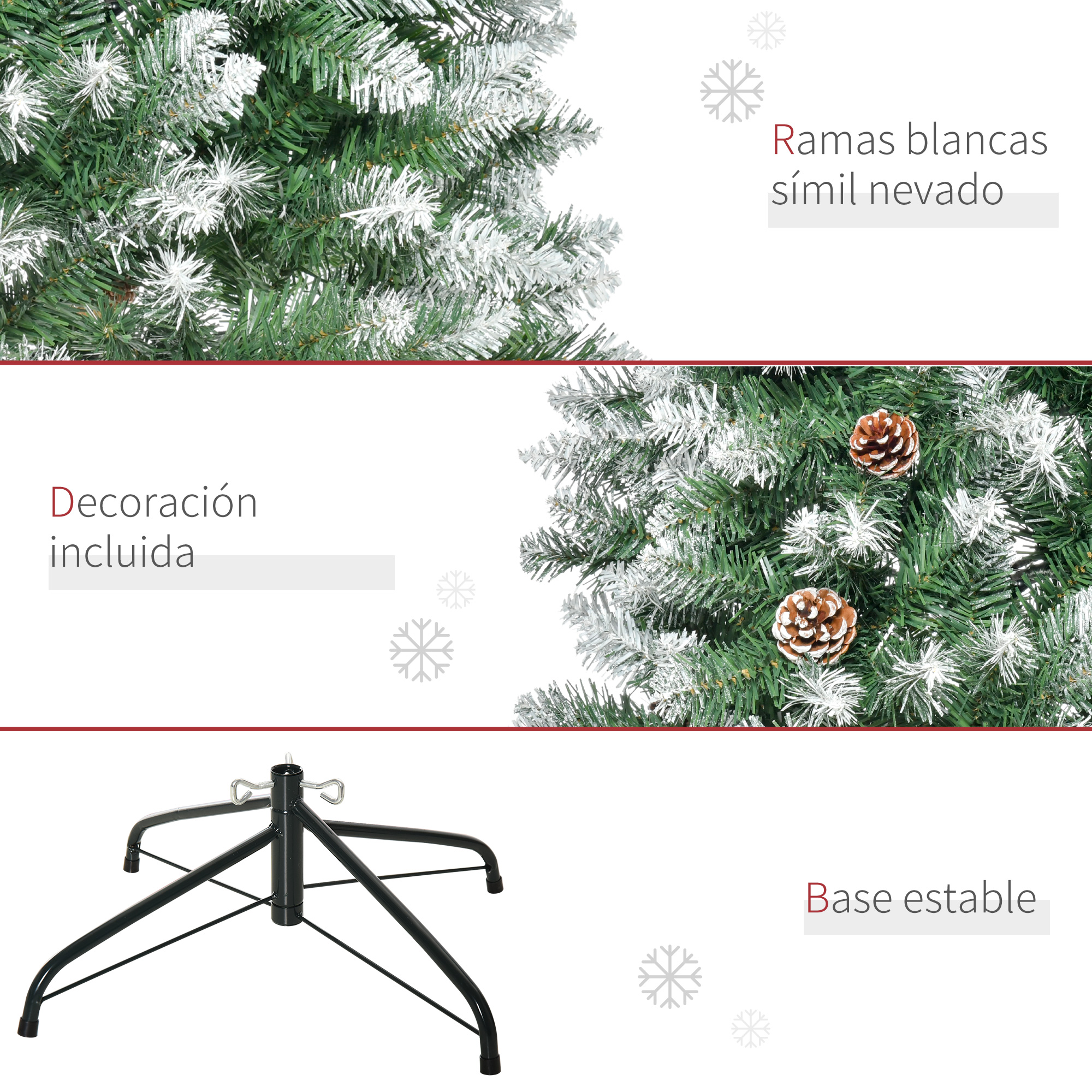 Primeros planos de detalles de un árbol de Navidad con puntas blancas heladas y piñas, y la base.