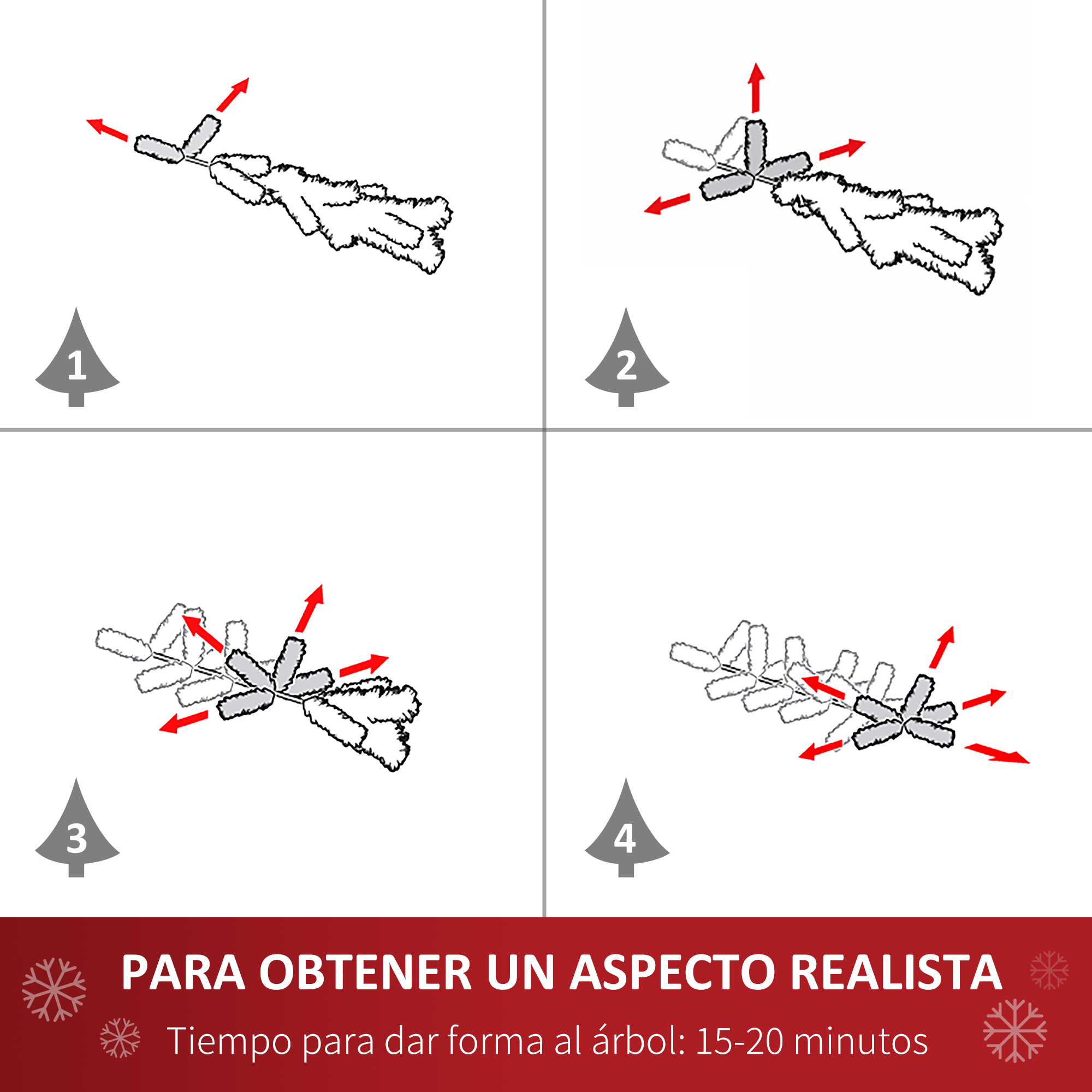 Instrucciones para armar un árbol de Navidad, mostrando el proceso en cuatro pasos.