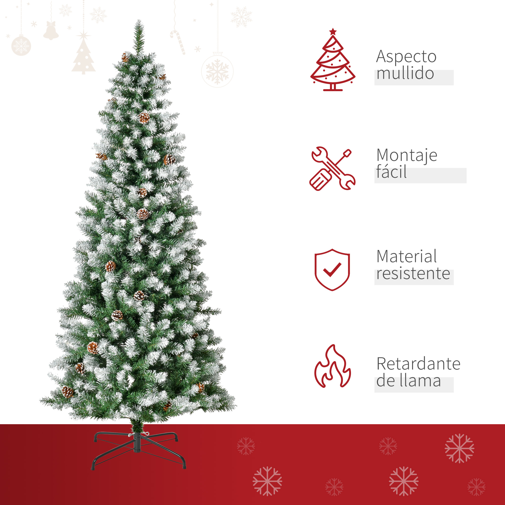 Árbol de Navidad cubierto de nieve con piñas. Tema festivo rojo y blanco. Características: ignífugo.