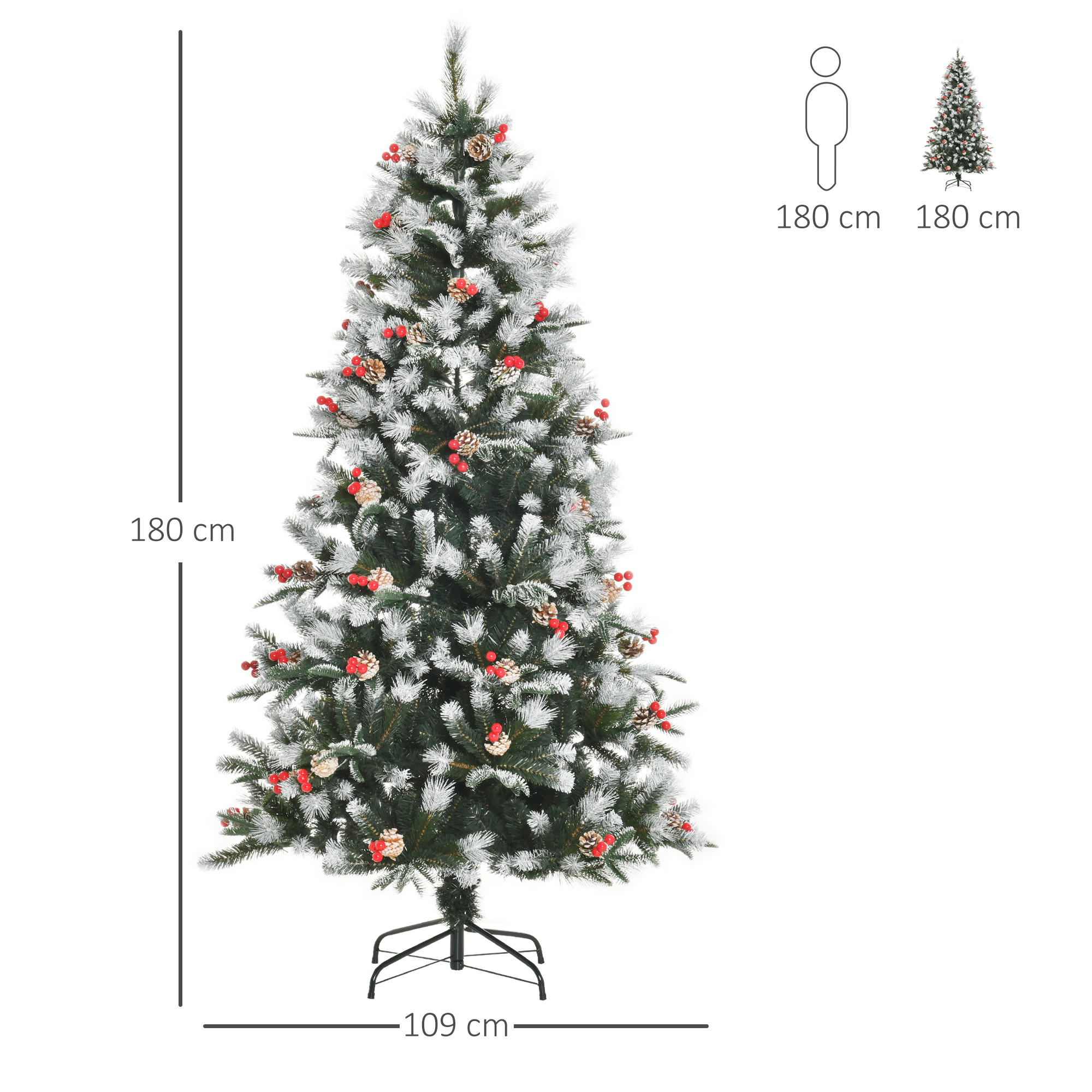 Un árbol de Navidad cubierto de nieve con dimensiones y silueta de persona.