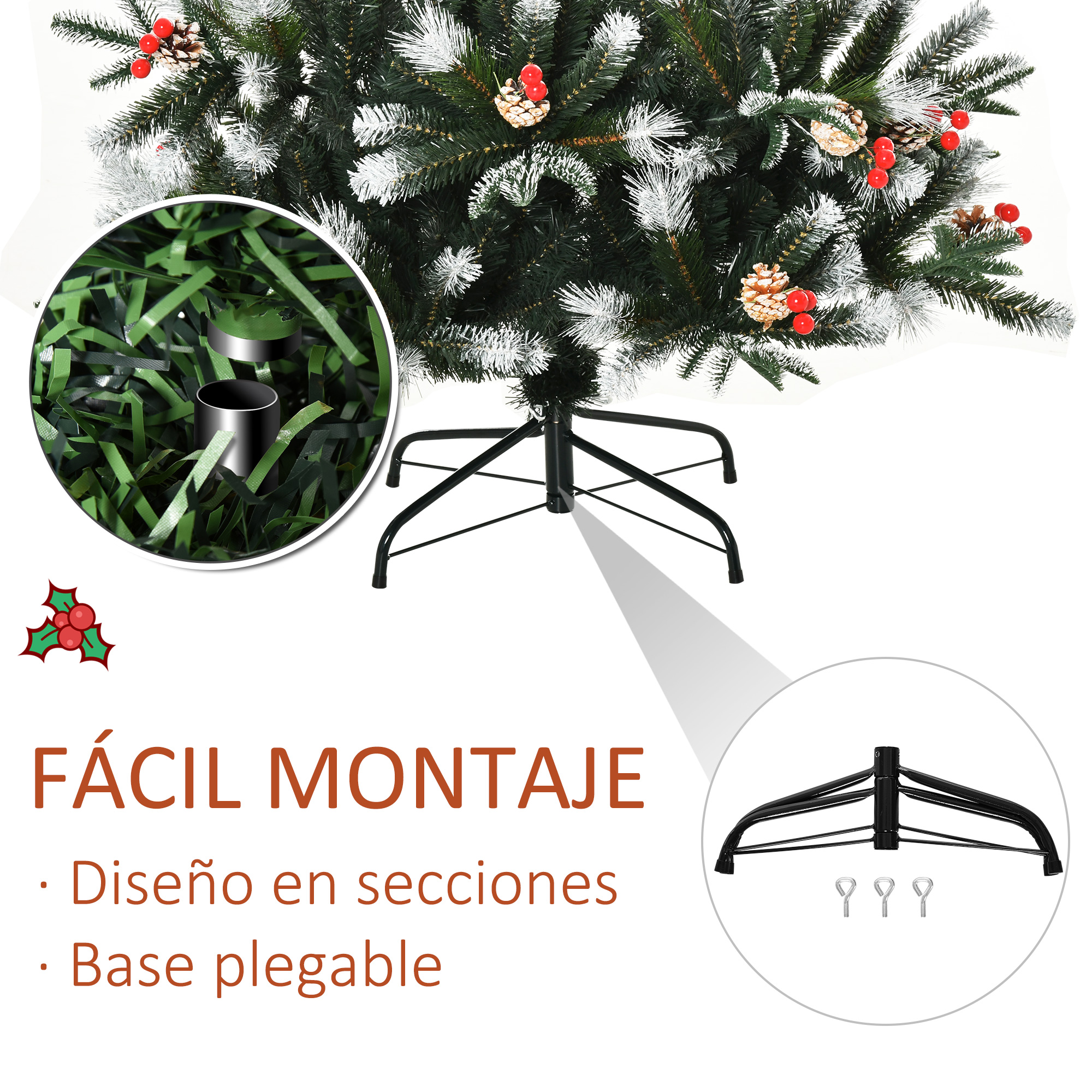 Primer plano de la base de un árbol de Navidad con soportes metálicos y un diagrama de montaje.