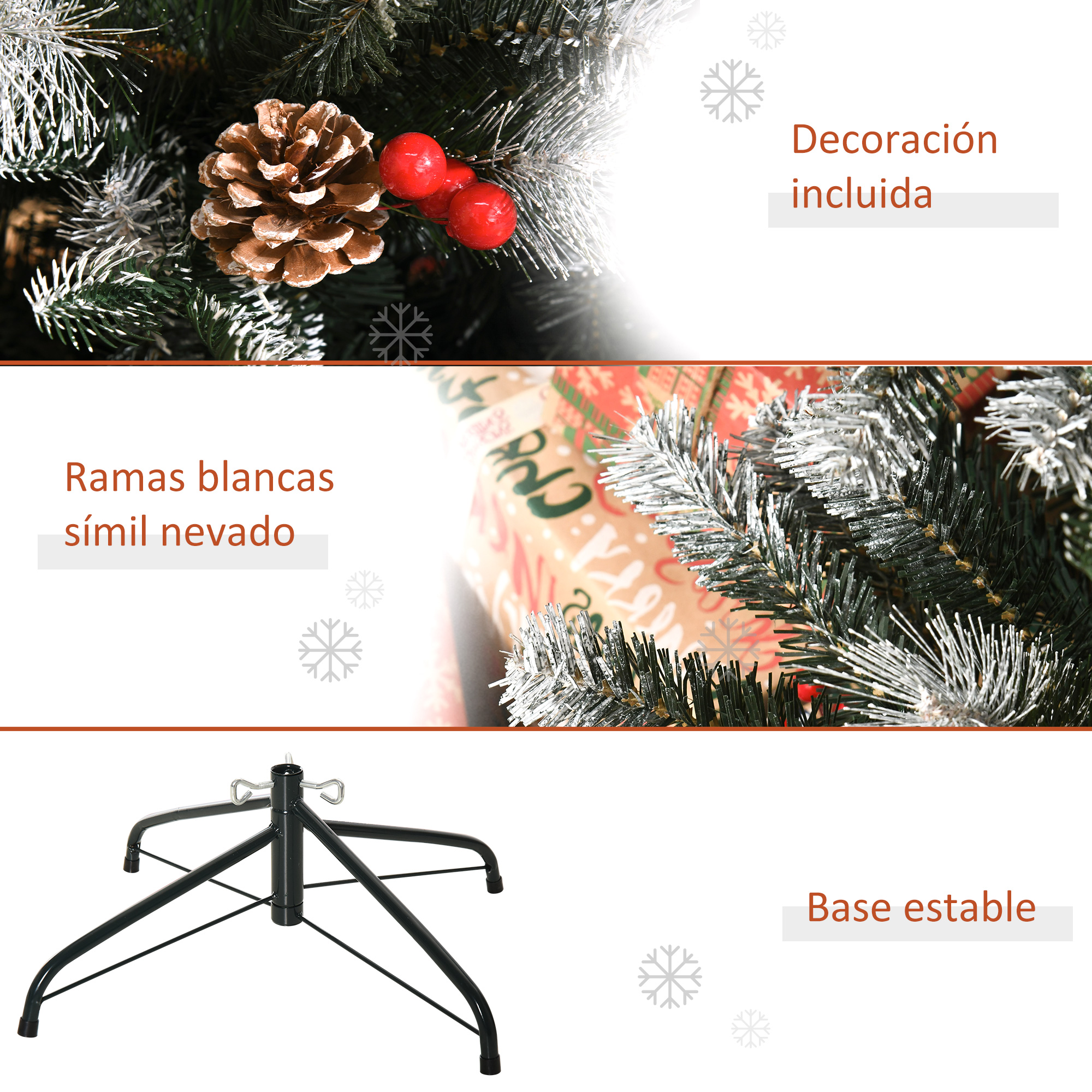 Primer plano de detalles del árbol de Navidad: ramas blancas, piña, bayas rojas y base estable.