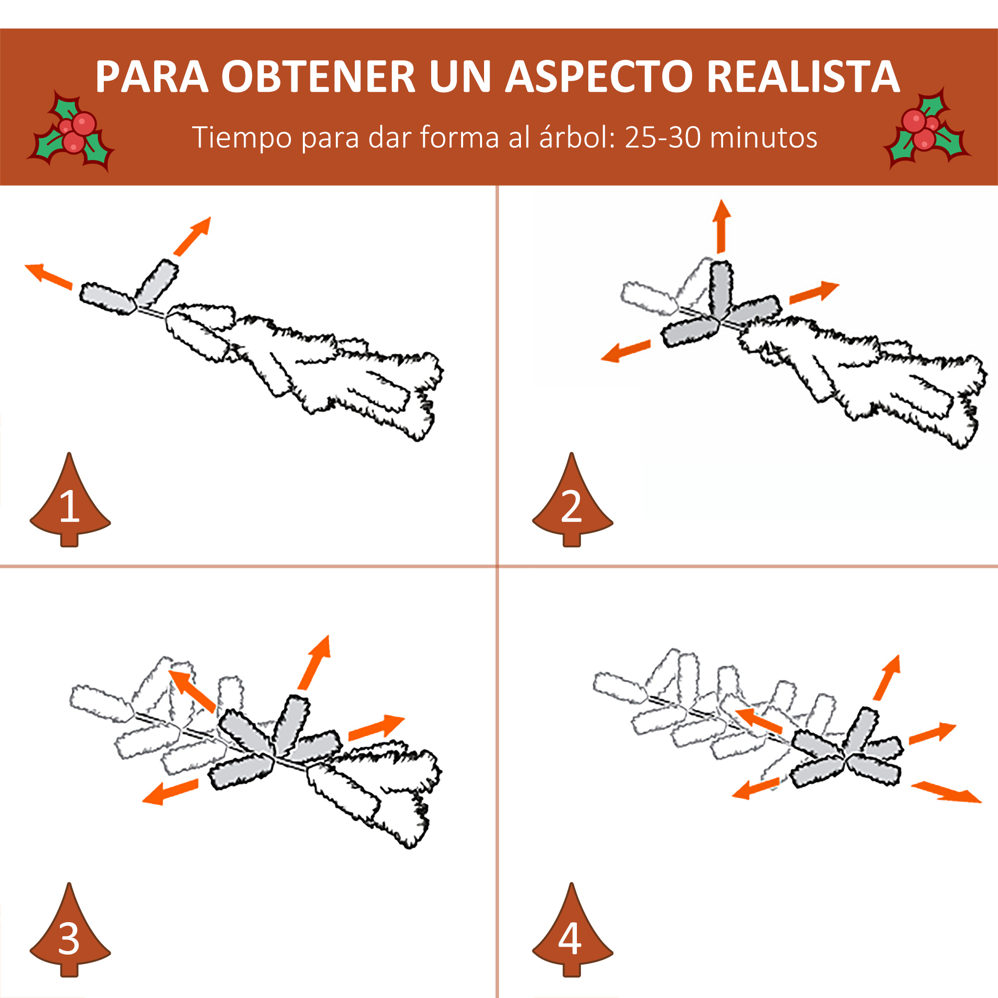 Imagen instructiva que muestra cómo dar forma a un árbol de Navidad artificial. Las flechas indican direcciones.