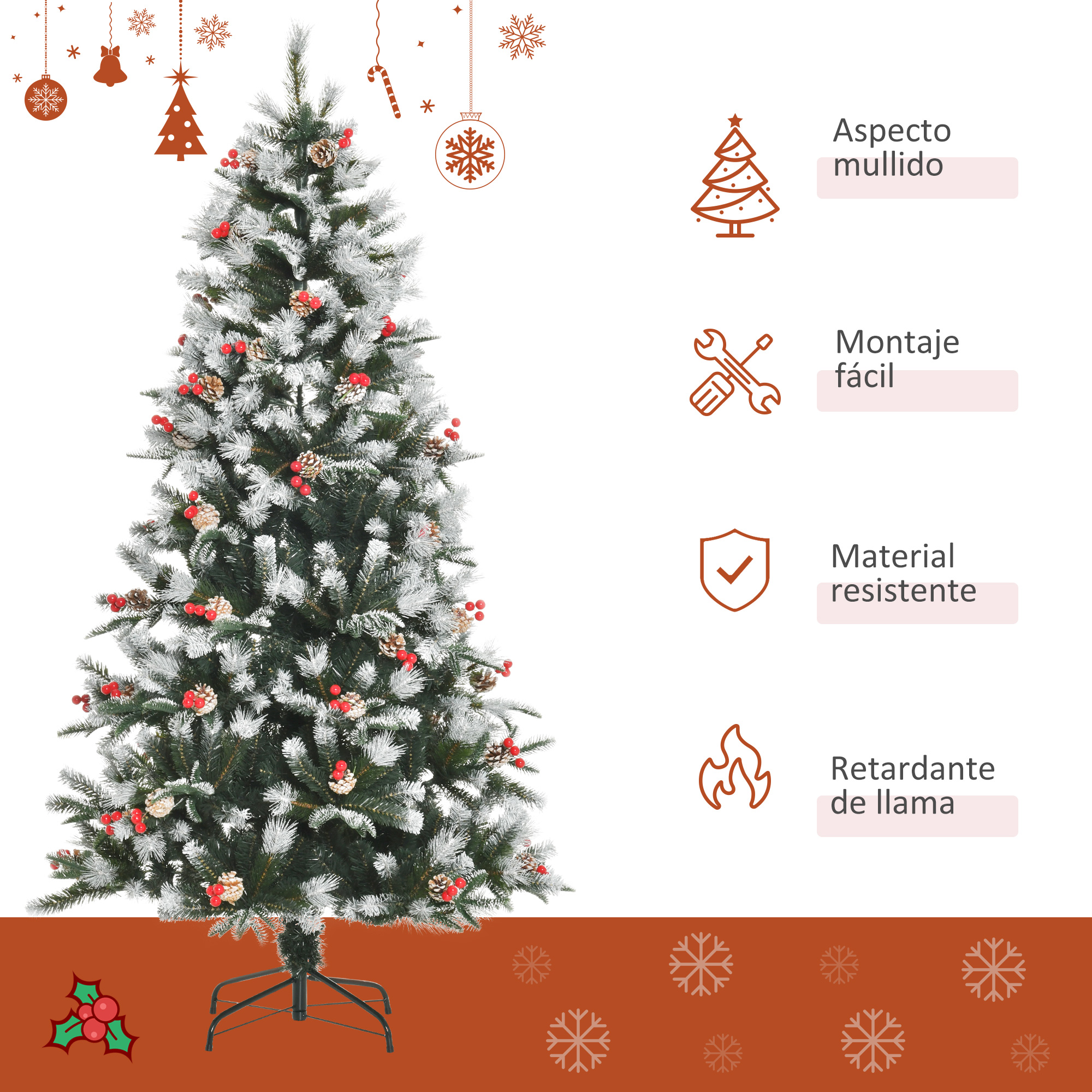 Árbol de Navidad decorado con efecto nieve, fácil montaje y retardante de llama.