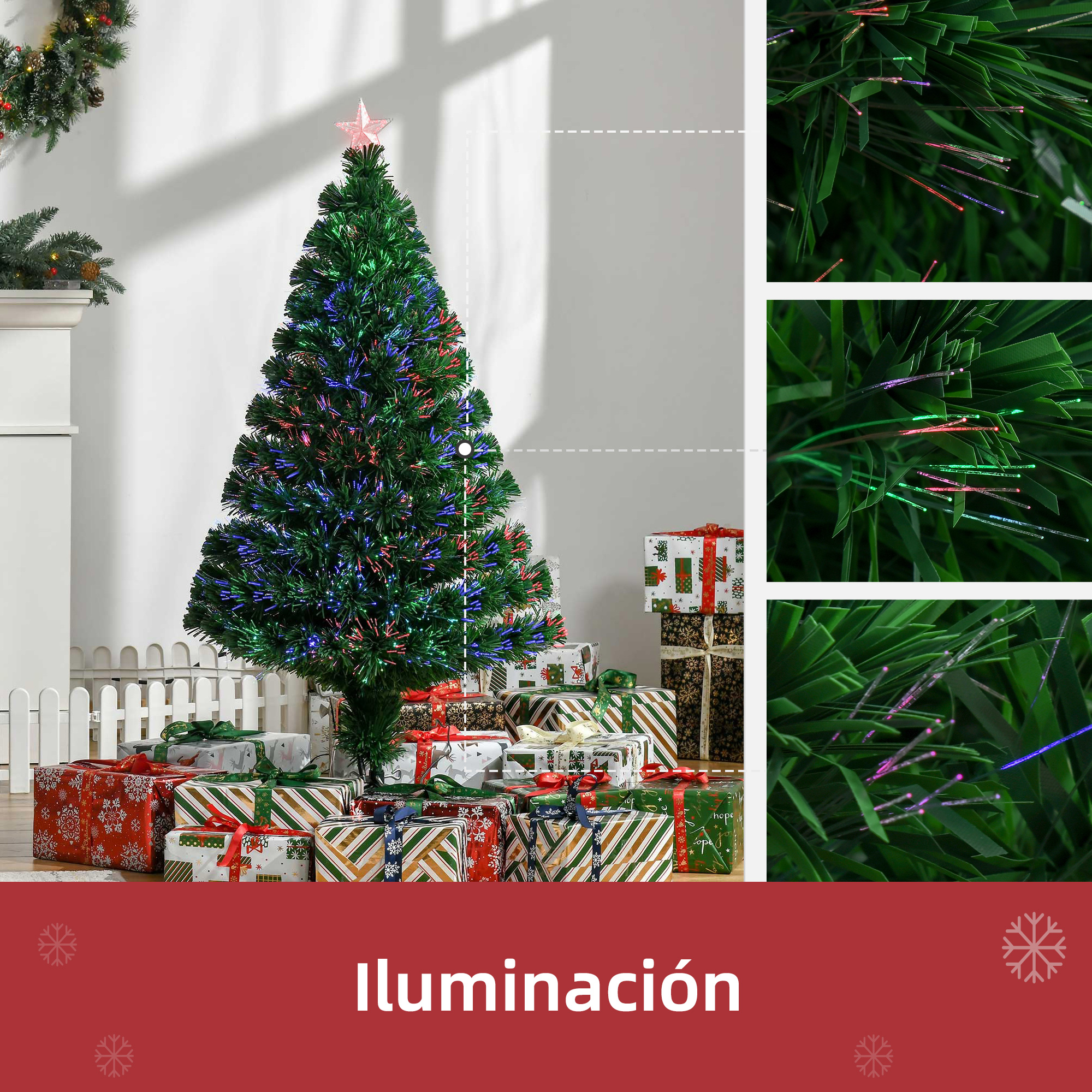 Un árbol de Navidad verde con luces de colores y regalos debajo, con primeros planos de las luces.