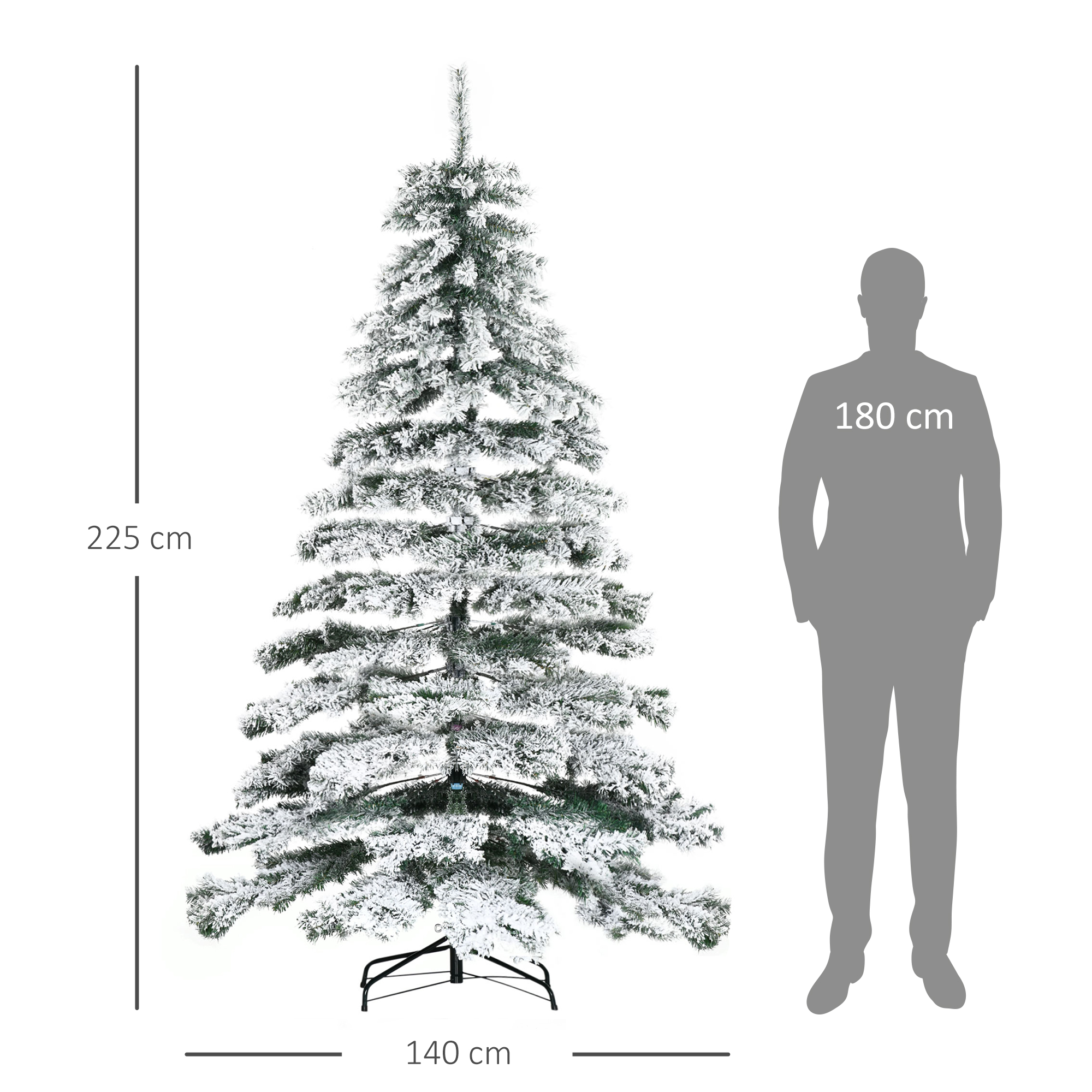 Un árbol de Navidad cubierto de nieve junto a una silueta con forma de persona, mostrando la comparación de altura.