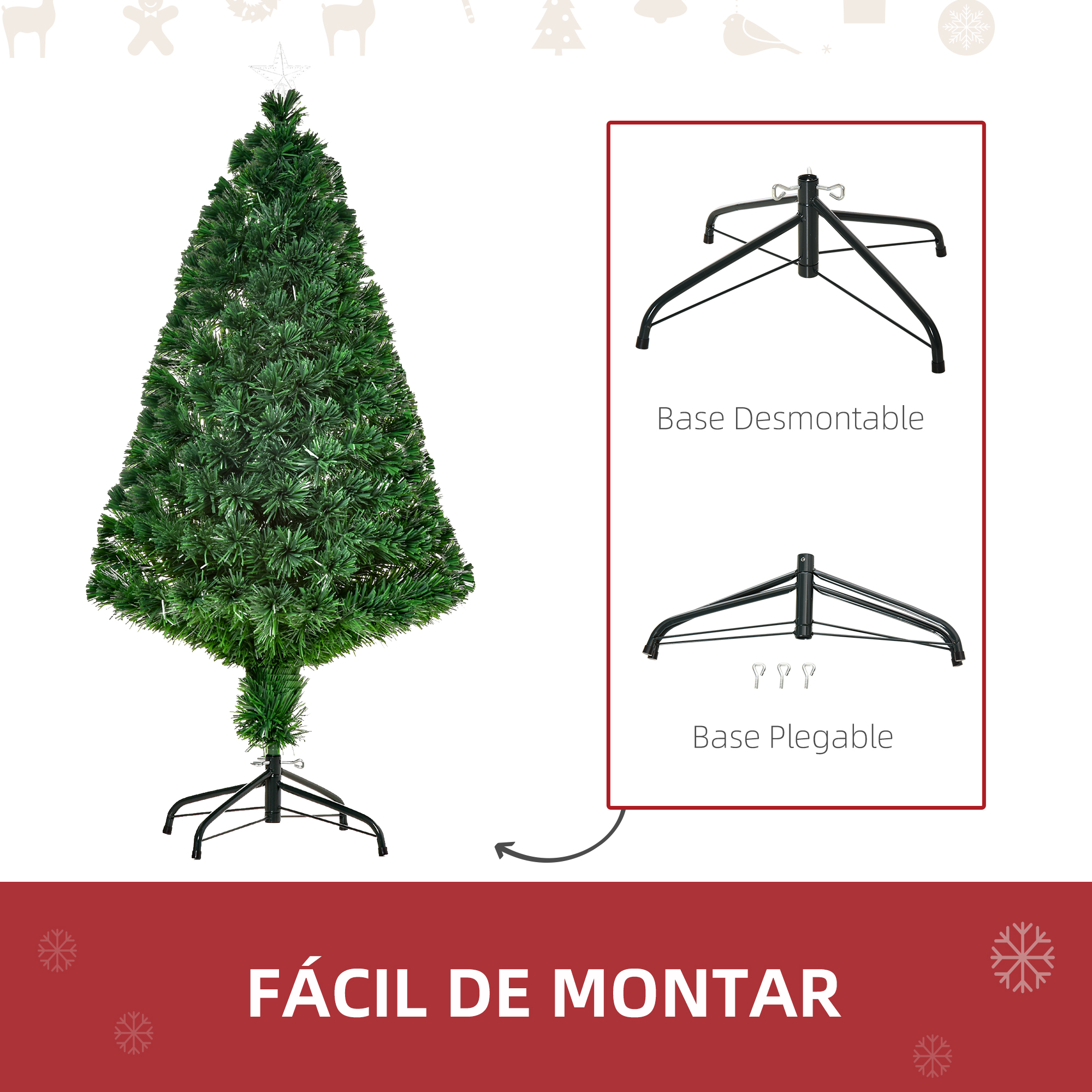 Un árbol de Navidad verde y dos opciones de base diferentes con texto.