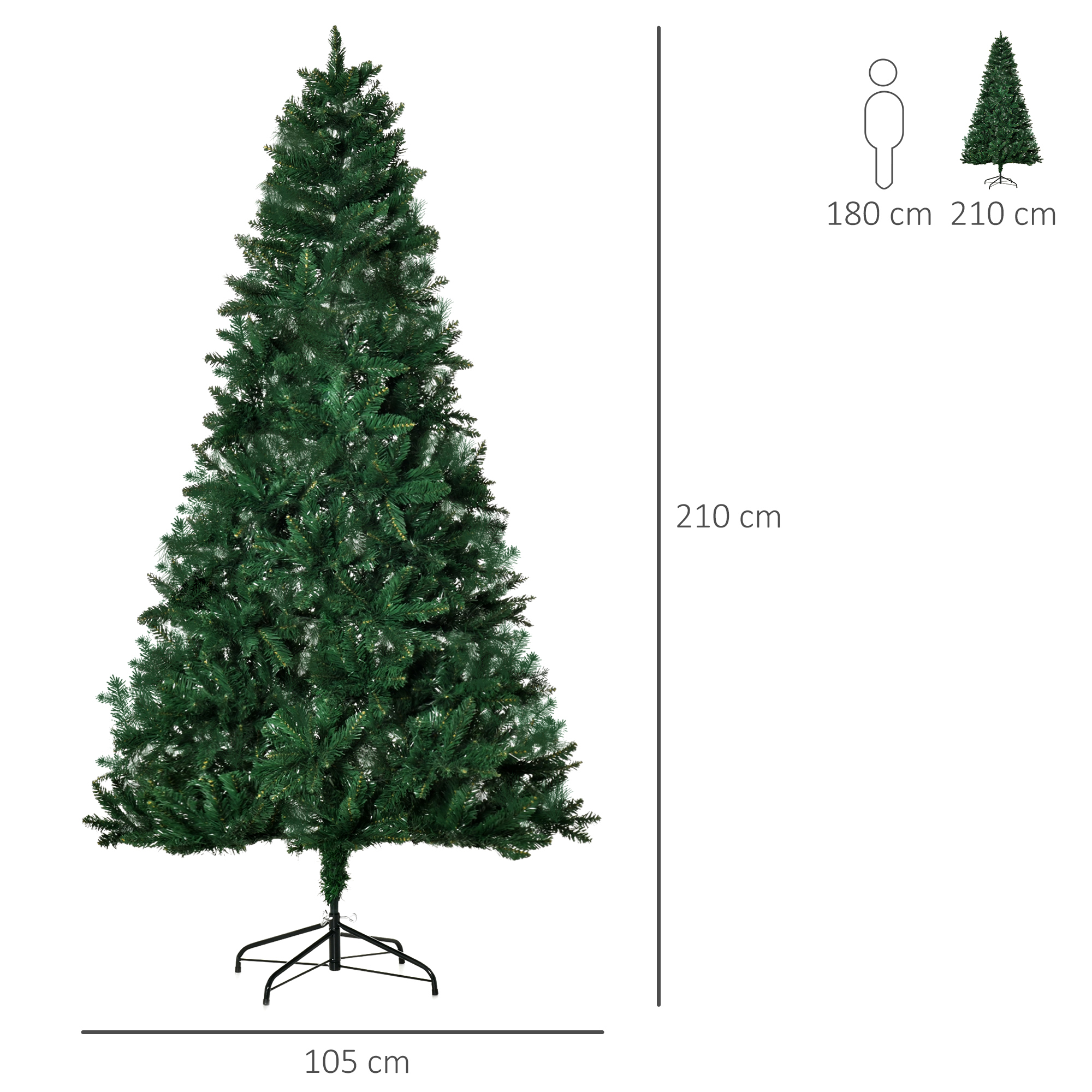 Árbol de Navidad verde con soporte. Dimensiones: 210 cm alto, 105 cm ancho. Figura humana para escala.
