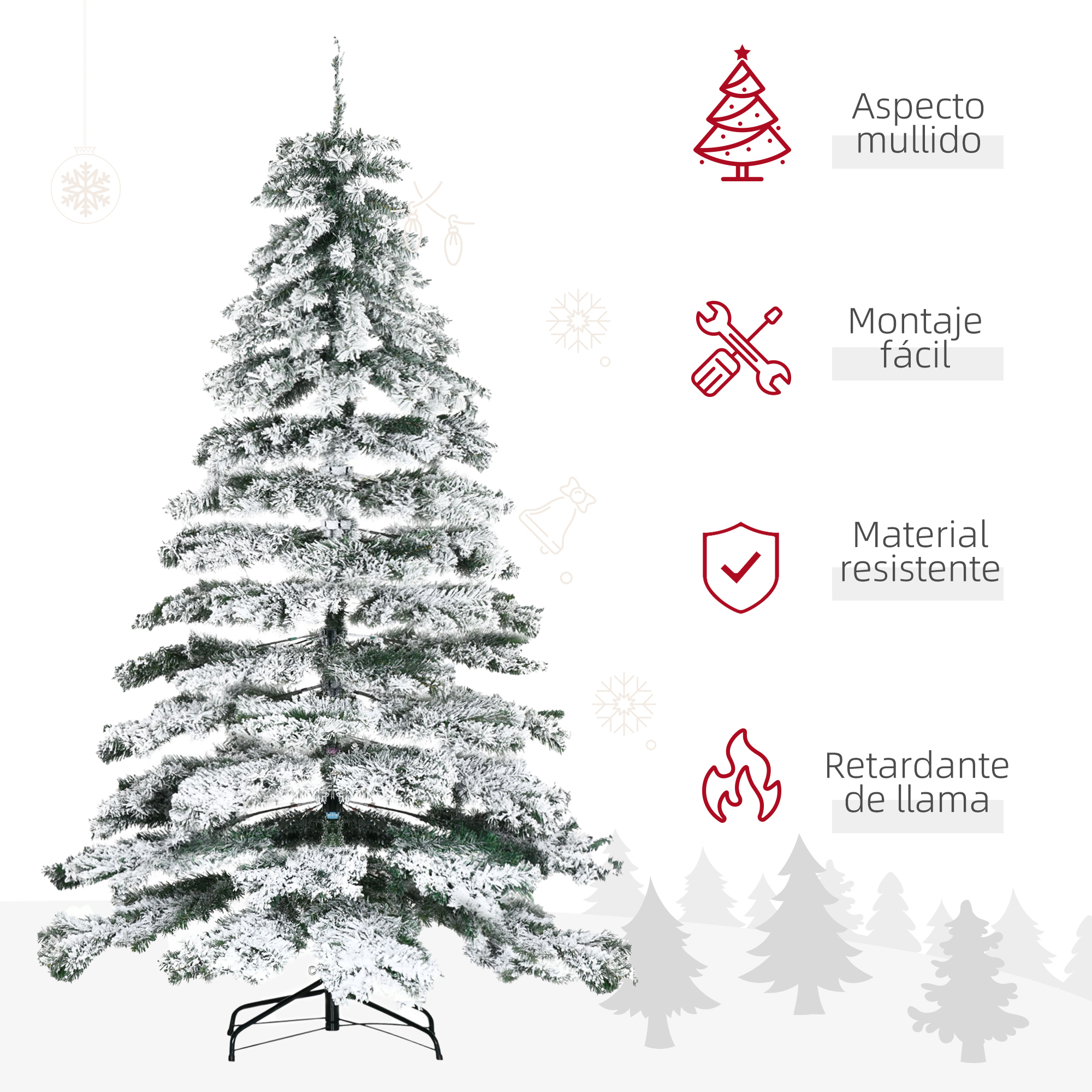 Un árbol de Navidad blanco escarchado con soporte e iconos que muestran características como fácil montaje.
