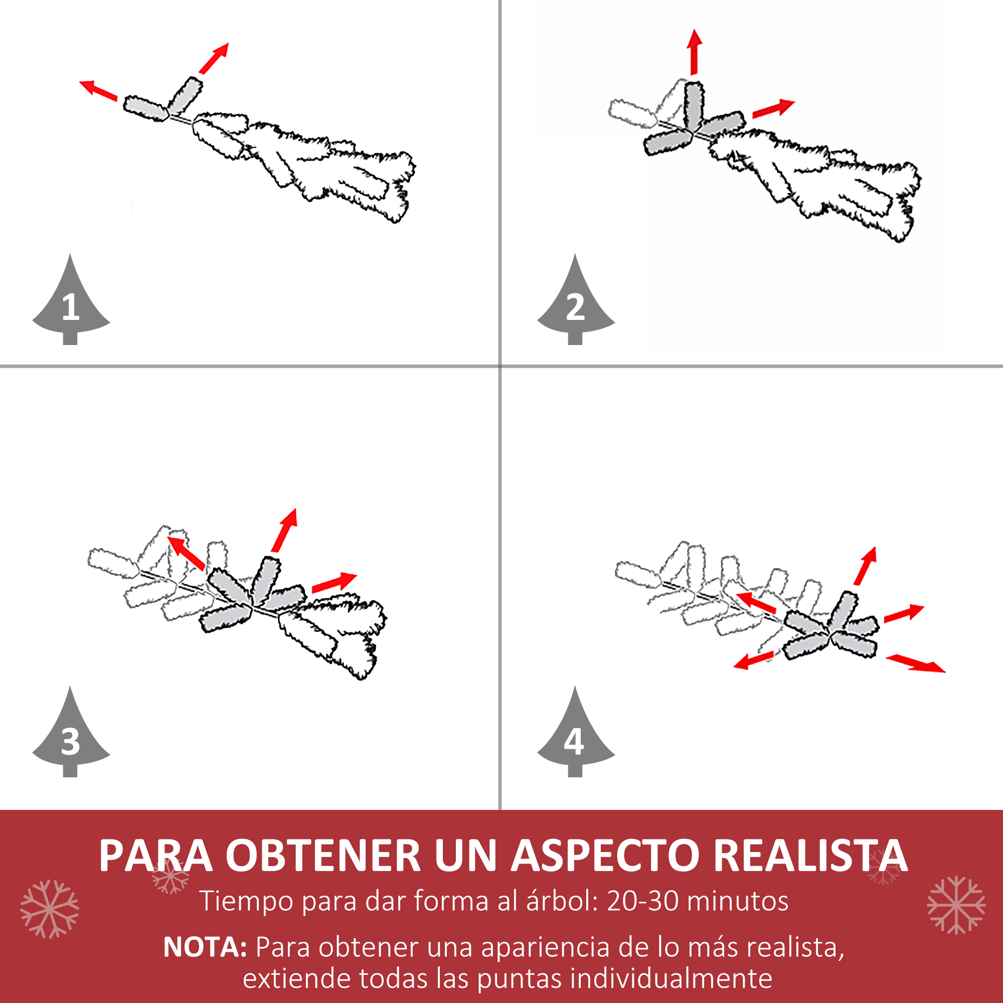 Diagrama instructivo. 4 pasos de montaje de ramas de árbol de Navidad con flechas y texto.