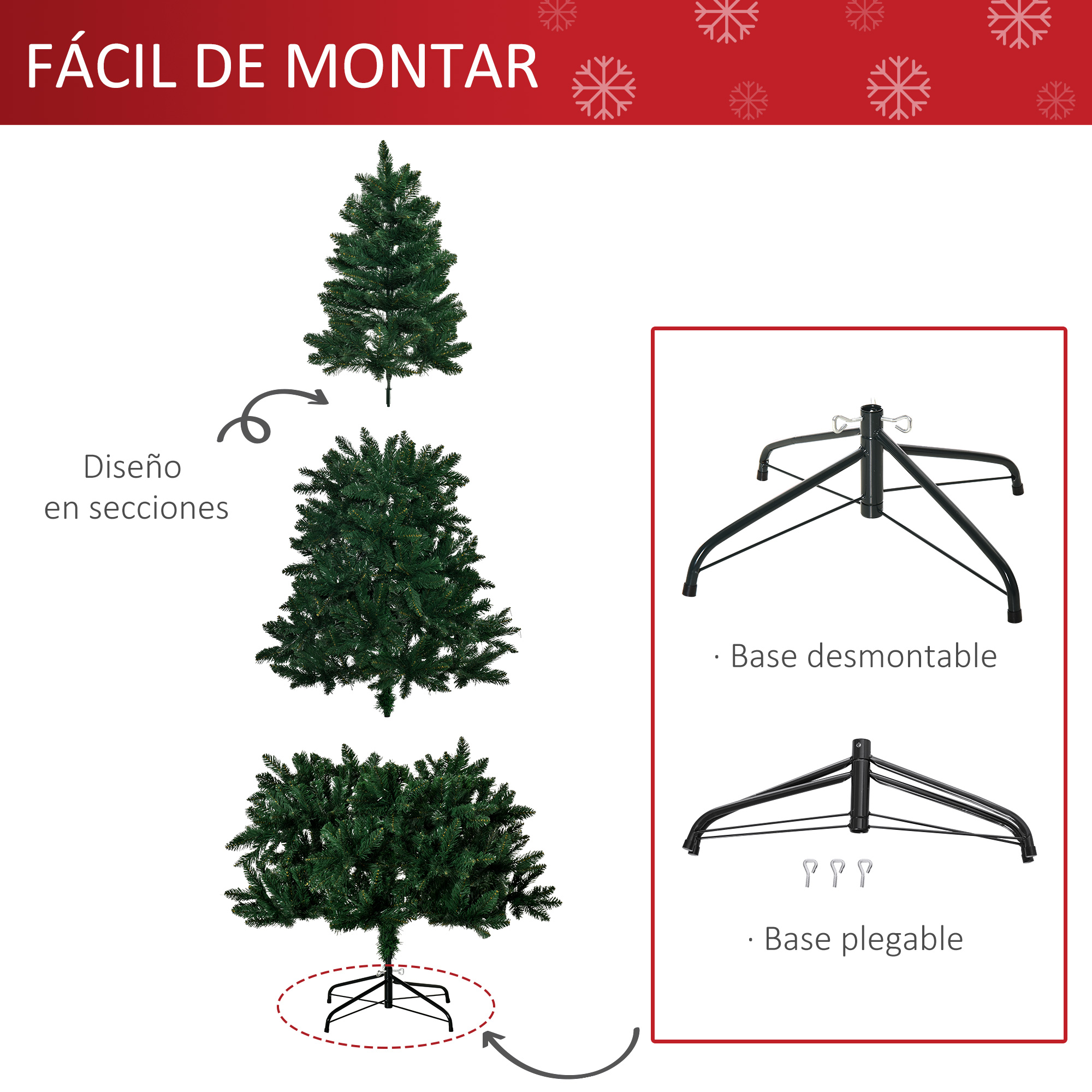 Instrucciones para armar un árbol de Navidad, con un árbol dividido en secciones y opciones de base.