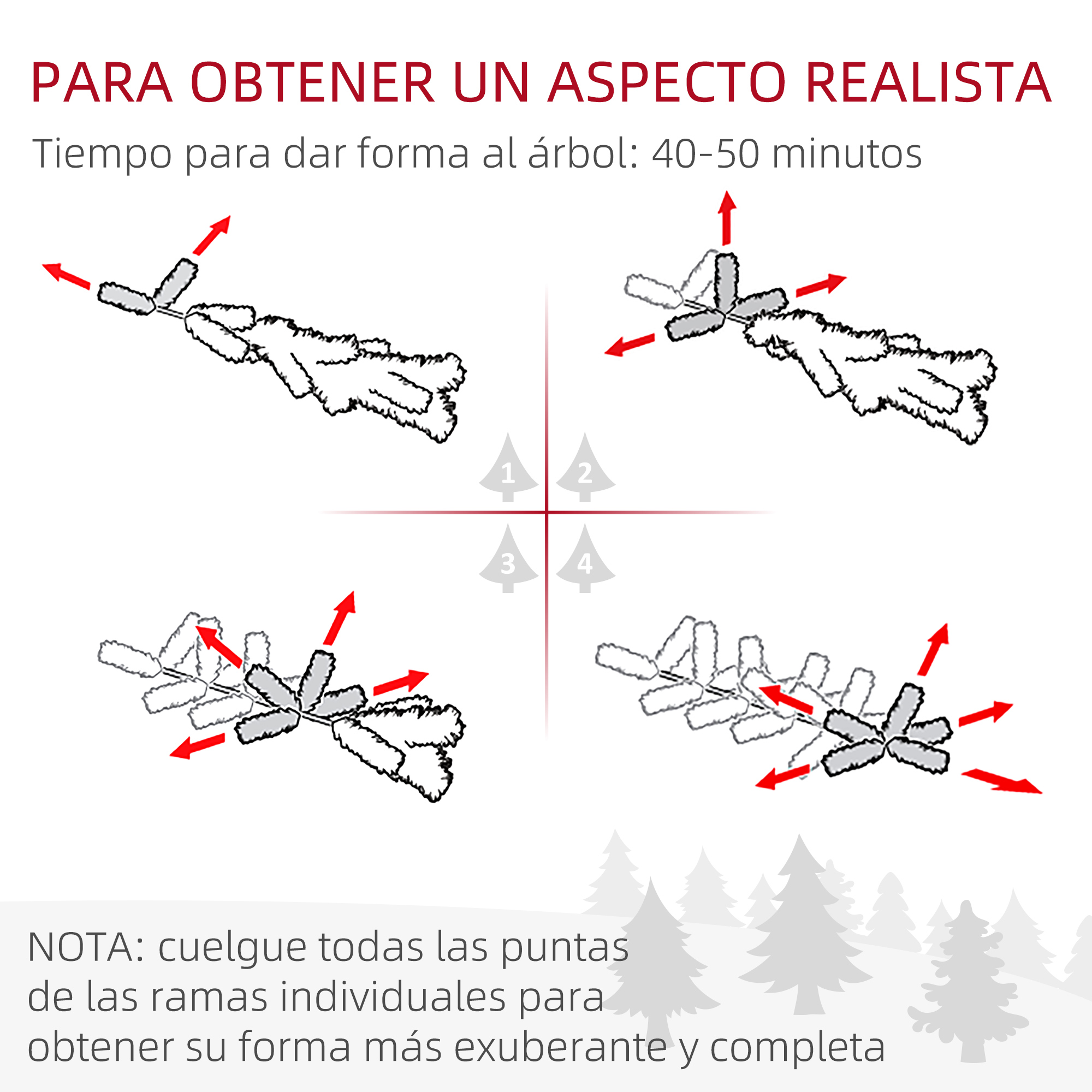 Diagrama que muestra cómo dar forma a un árbol de Navidad. Flechas indican direcciones de ramas para aspecto realista.