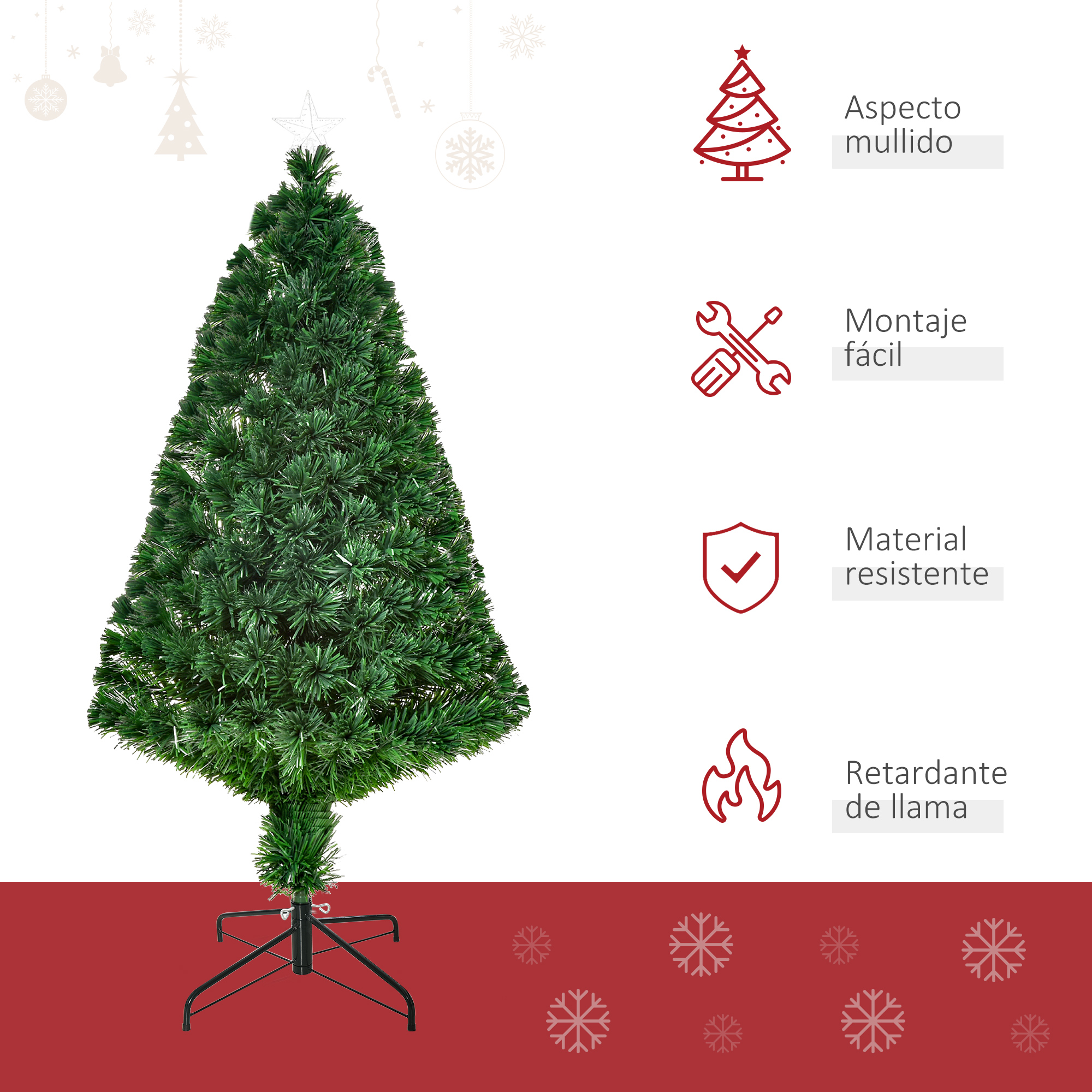 Árbol de Navidad artificial verde con iconos: aspecto mullido, fácil montaje, resistente, ignífugo.