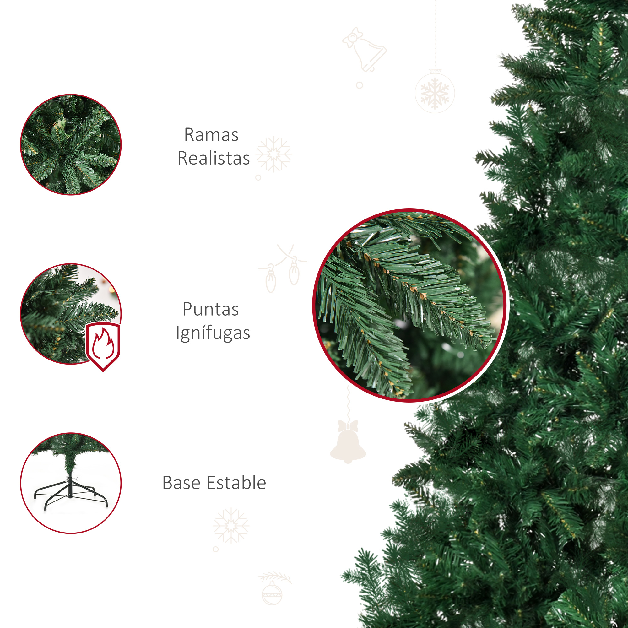 Árbol de Navidad artificial verde con ramas realistas. Primeros planos muestran detalles y puntas ignífugas.
