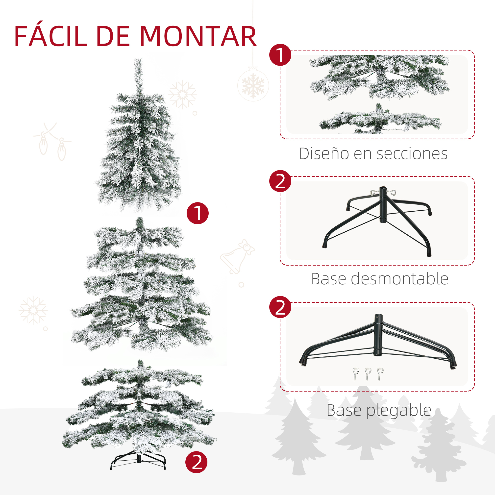 Diagrama que ilustra secciones del árbol y dos opciones de base: desmontable y plegable, para una fácil instalación.