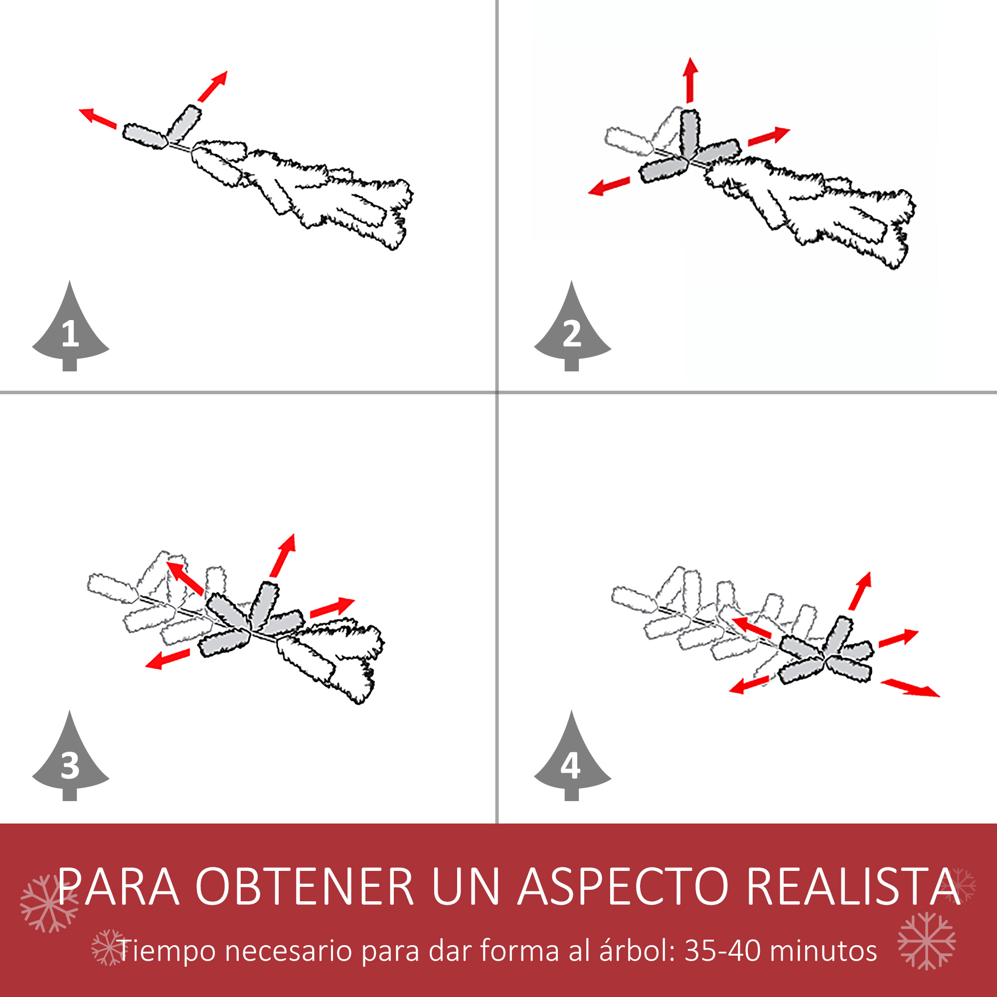 Guía de cuatro pasos para dar forma a un árbol de Navidad. Flechas muestran cómo extender ramas.