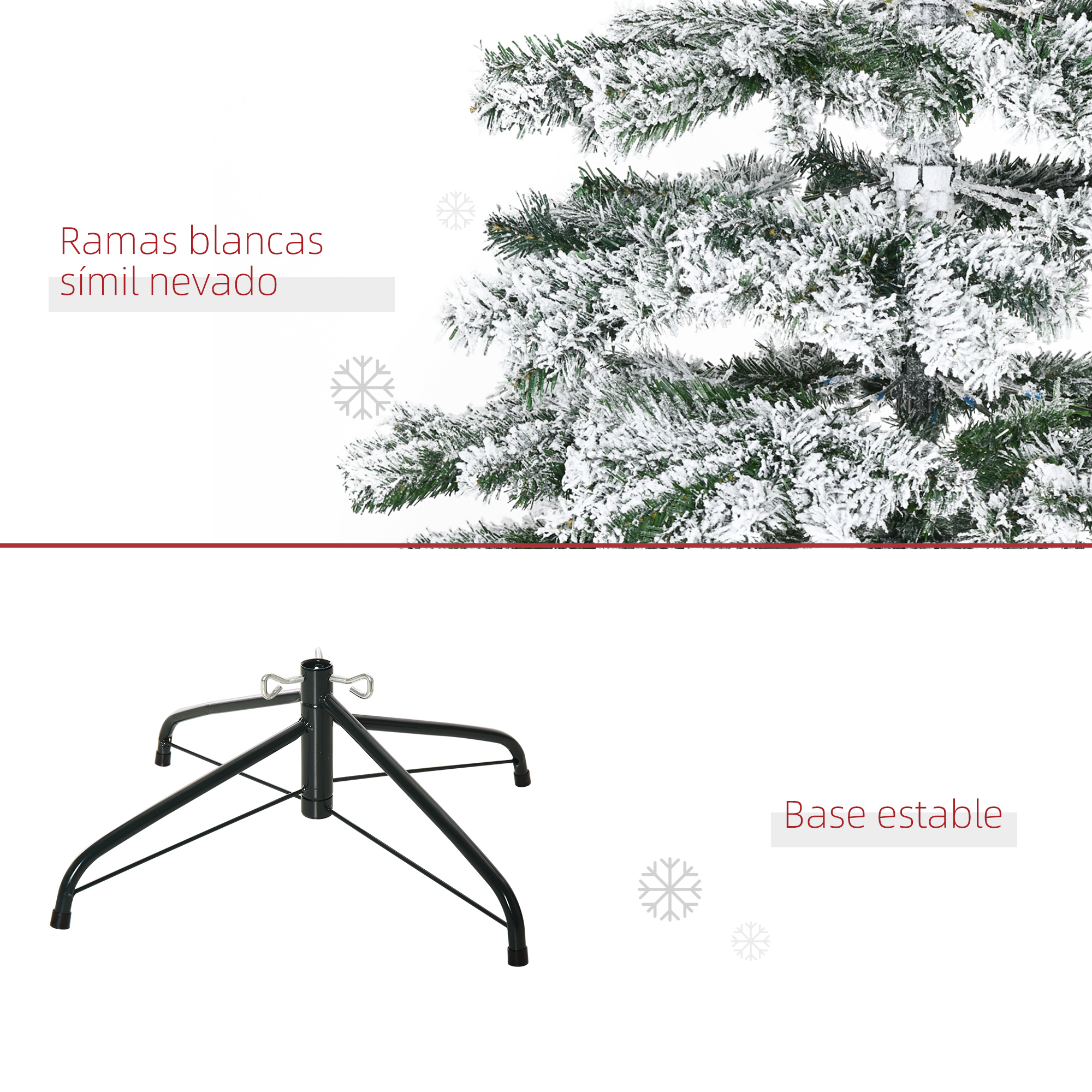 Una base de árbol de Navidad y un primer plano de una rama nevada, con texto.