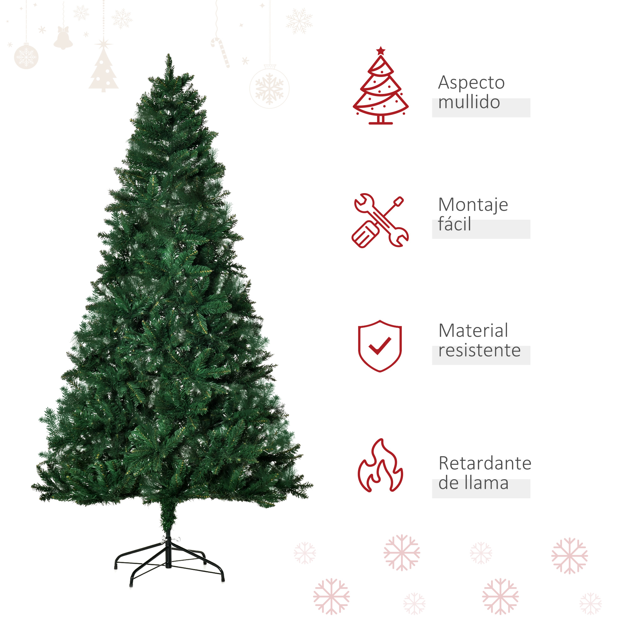 Un árbol de Navidad verde con adornos y un soporte negro.