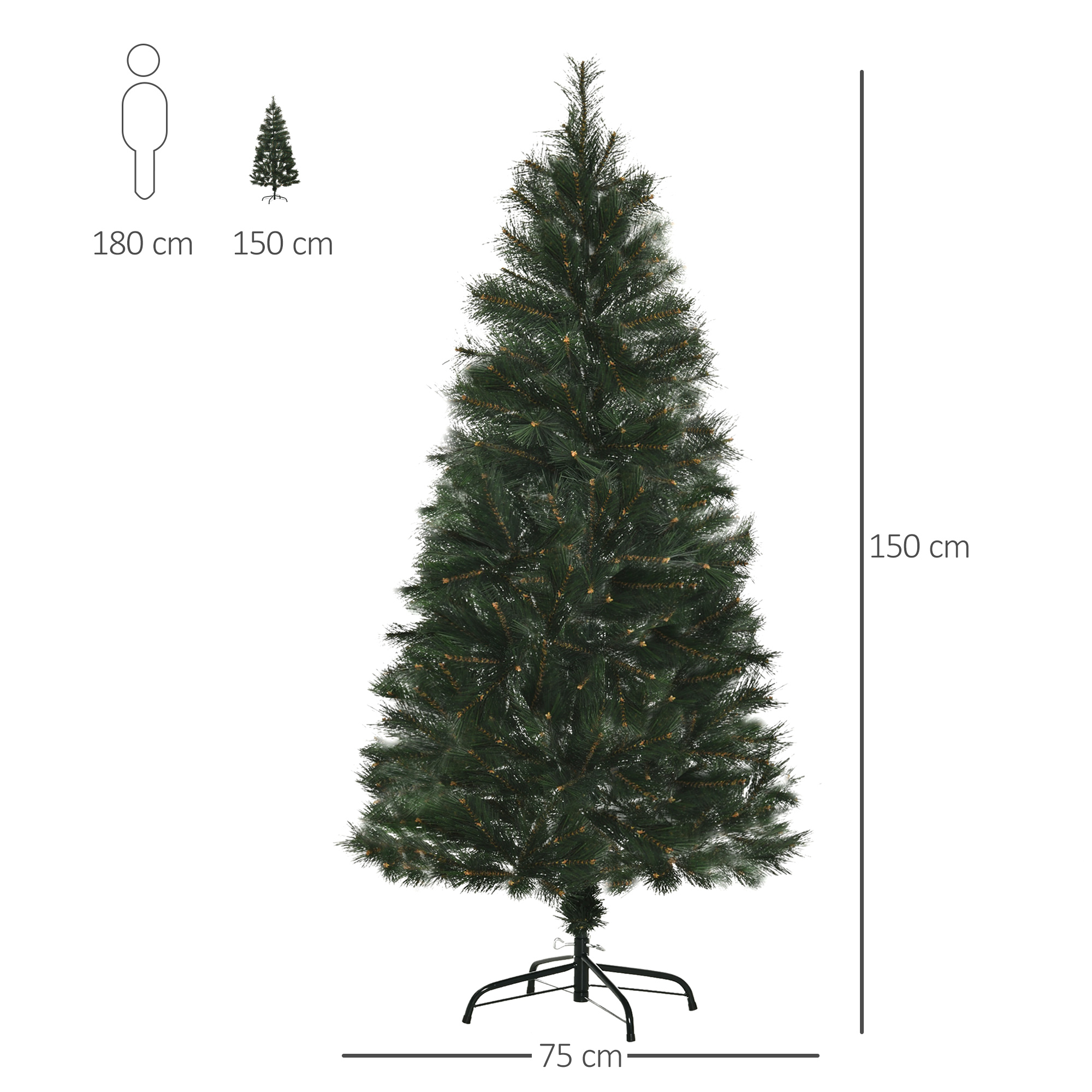 Árbol de Navidad, 150 cm de altura, sobre fondo blanco. Muestra medidas y un icono de persona para comparación.