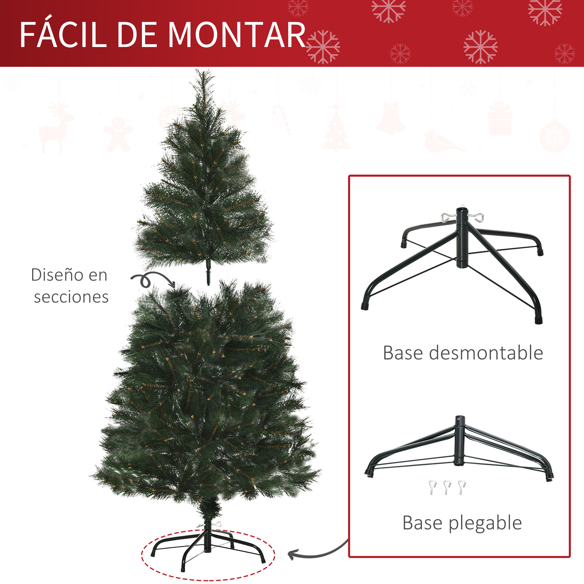 Árbol de Navidad seccional, fácil montaje, detalles de la base.