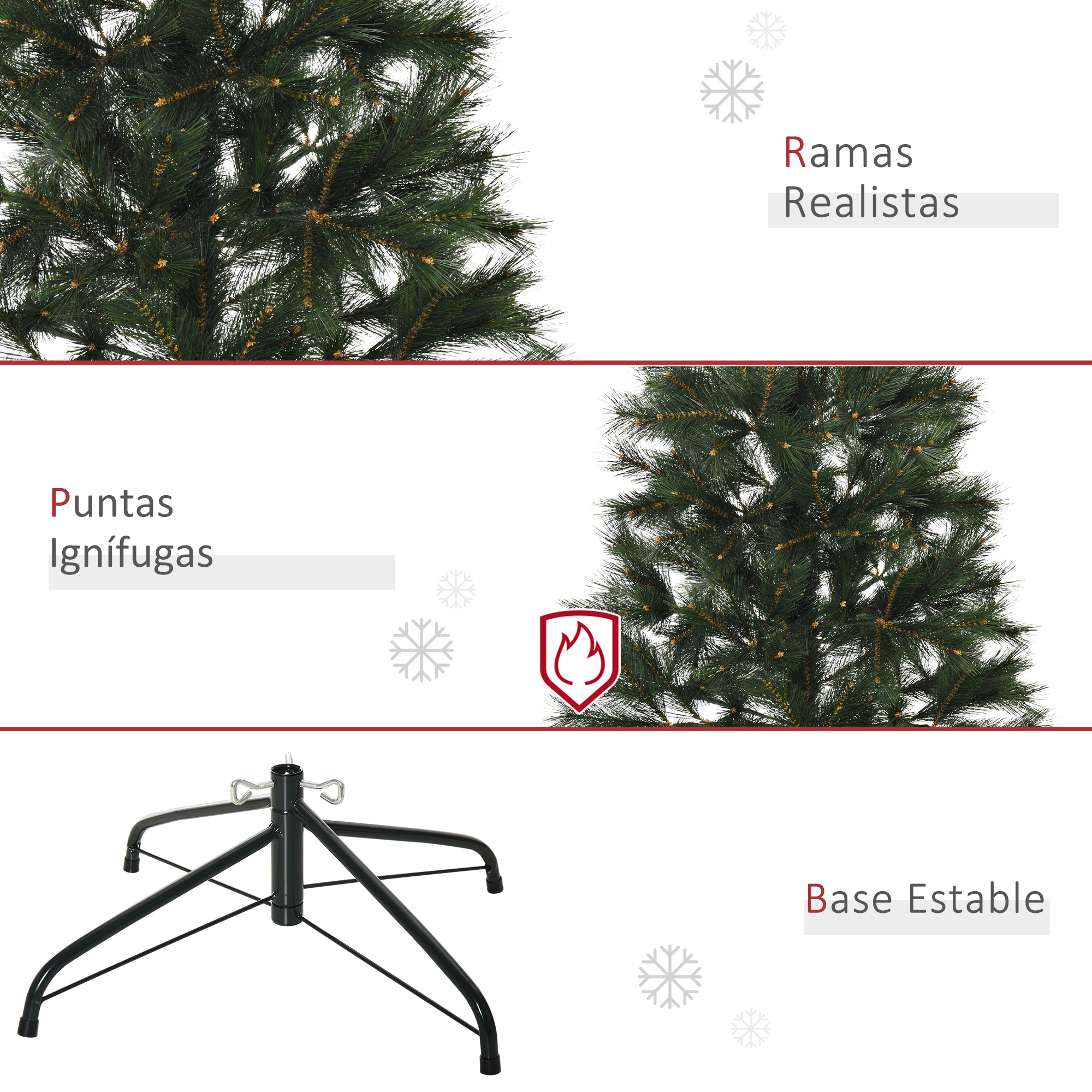 Primer plano de un árbol de Navidad: ramas realistas, puntas ignífugas y una base estable.