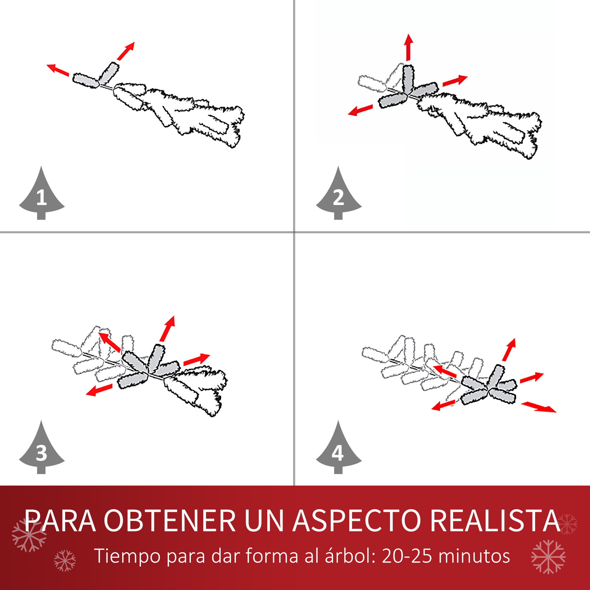Instrucciones para dar forma a un árbol de Navidad. Cuatro pasos con flechas para un aspecto realista.