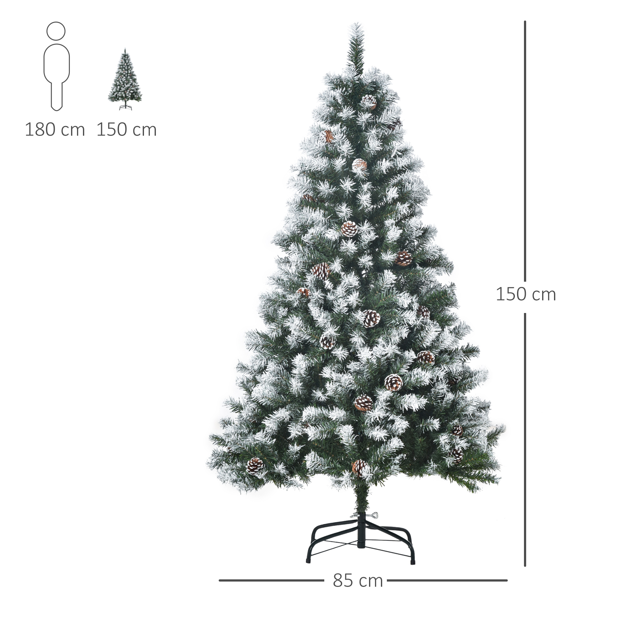 Un árbol de Navidad decorado, de 150 cm de altura. Junto a él, un diagrama de una persona de 180 cm.