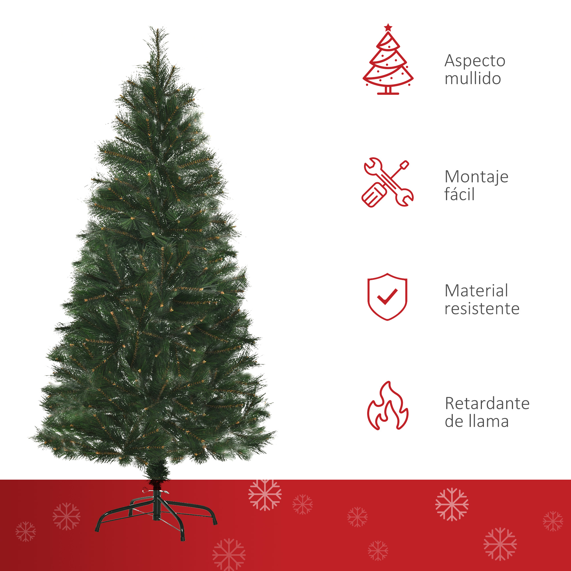 Un árbol de Navidad artificial con iconos de características: aspecto esponjoso, fácil montaje, material resistente, ignífugo.