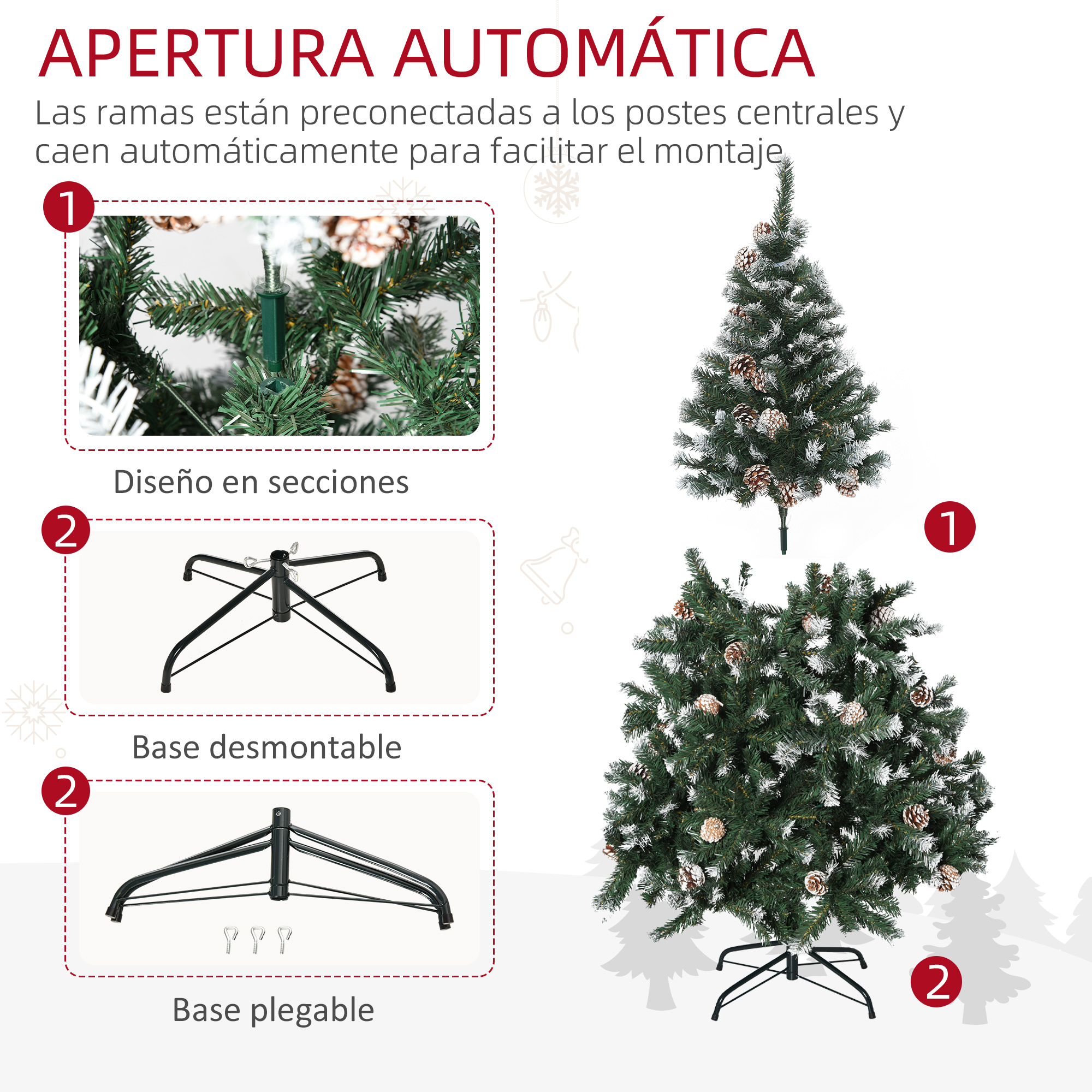 Detalles de montaje del árbol de Navidad con base desmontable y plegable.