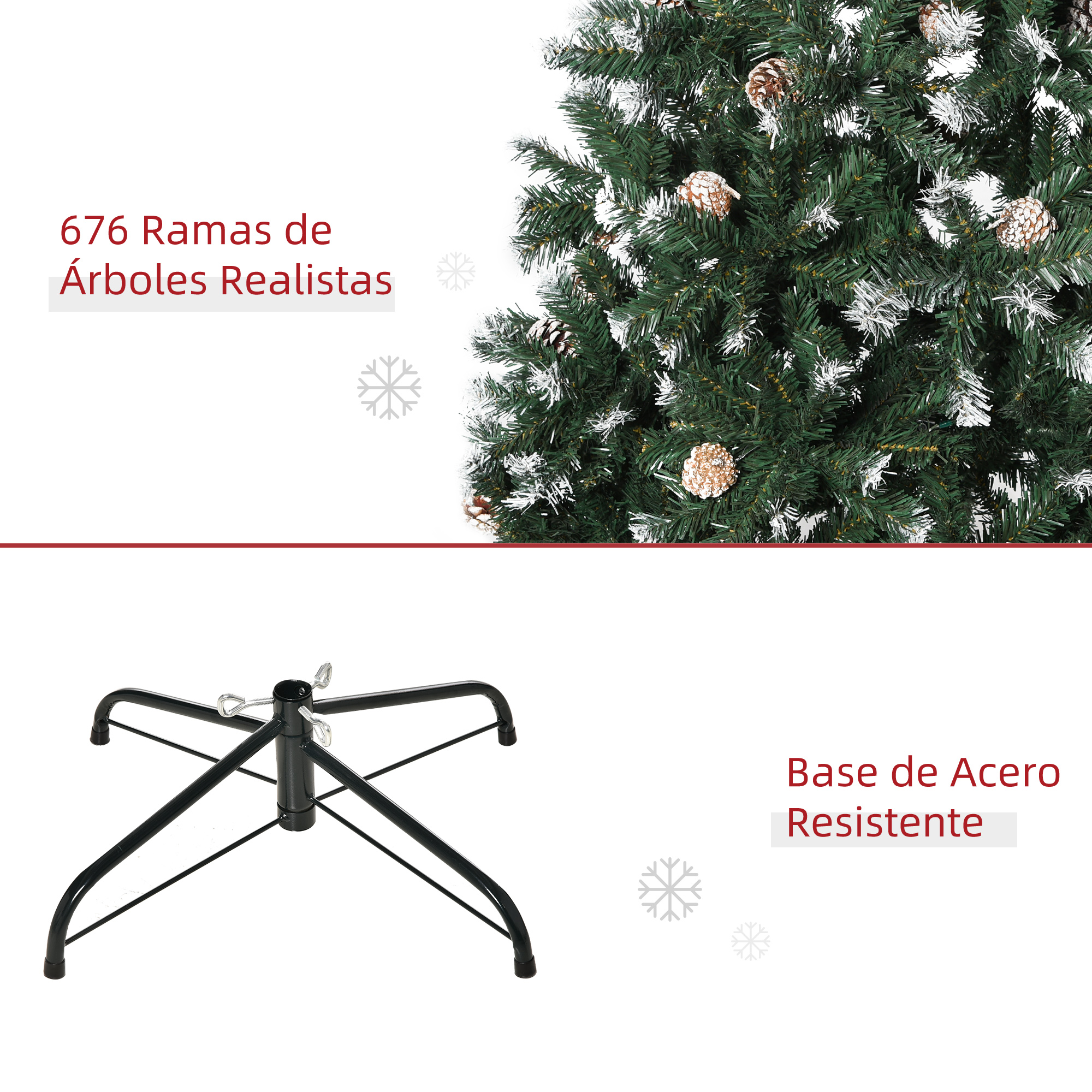 Árbol de Navidad con ramas realistas y base de acero. Texto: 676 ramas, base de acero.
