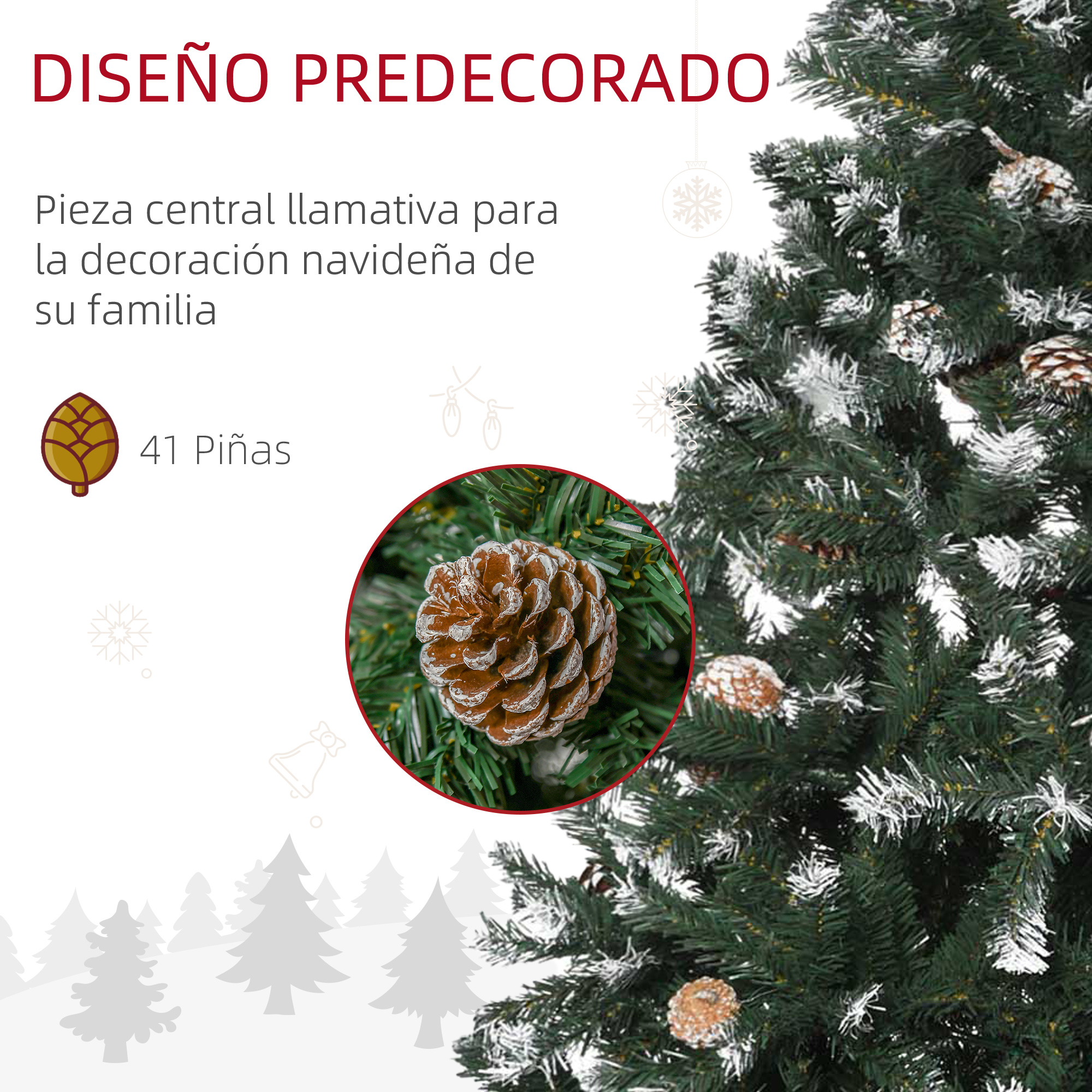 Detalle del árbol de Navidad predecorado. Primer plano de la decoración de piñas. Combinación de colores blanco y verde.