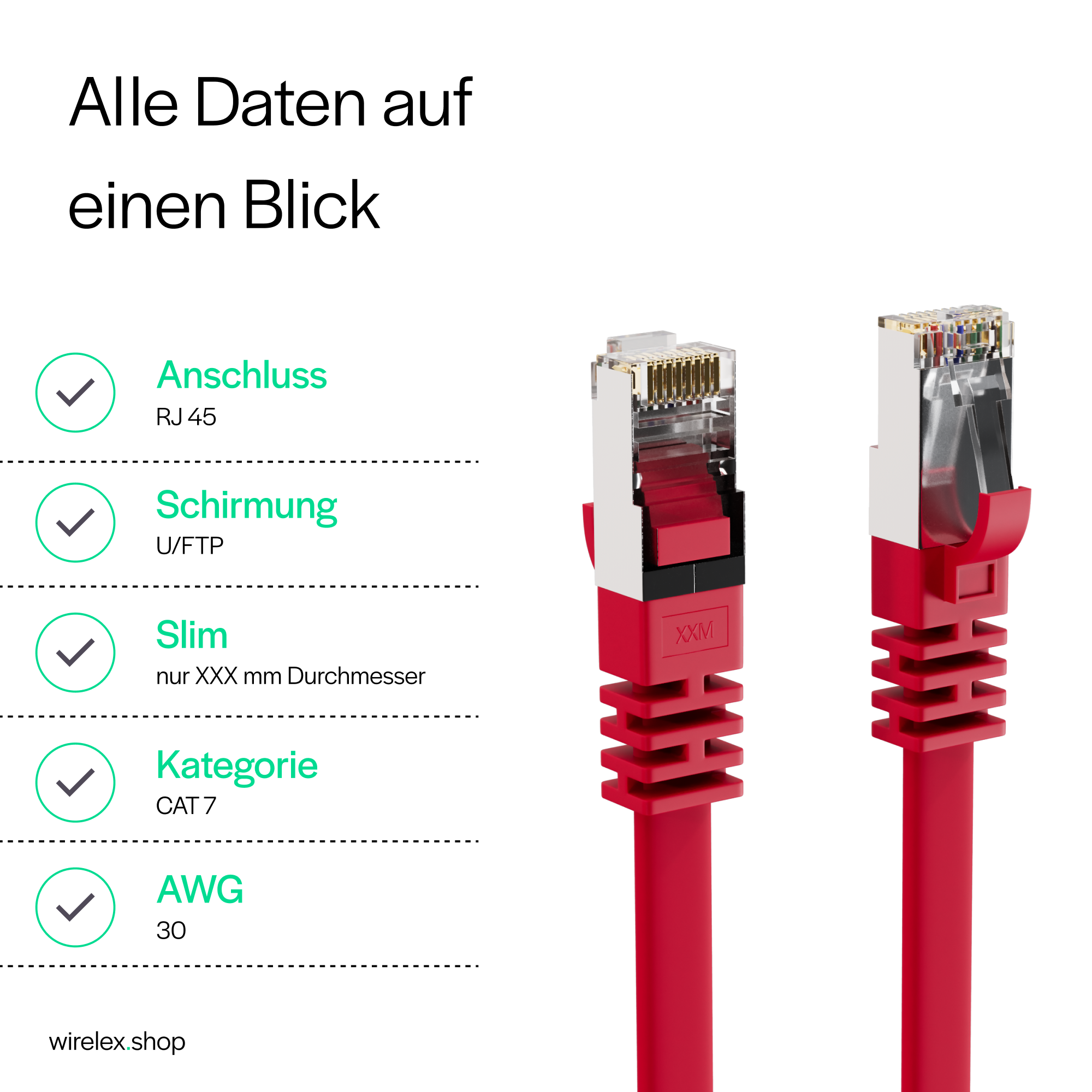Zwei rote CAT 7 Ethernet-Kabelstecker mit Text, der Funktionen detailliert.