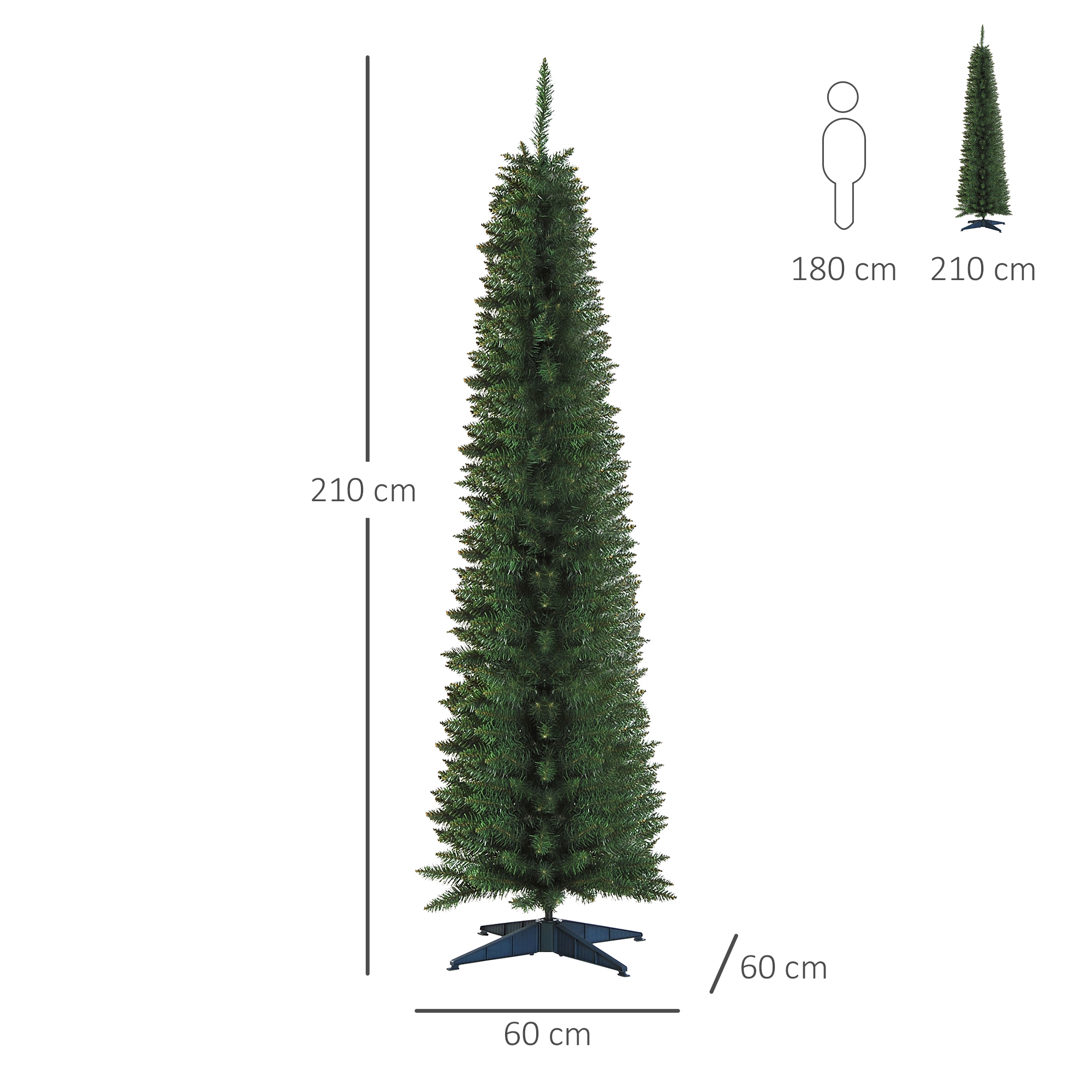 Árbol de Navidad alto y verde. Dimensiones: 210 cm de altura, base de 60 cm de ancho.