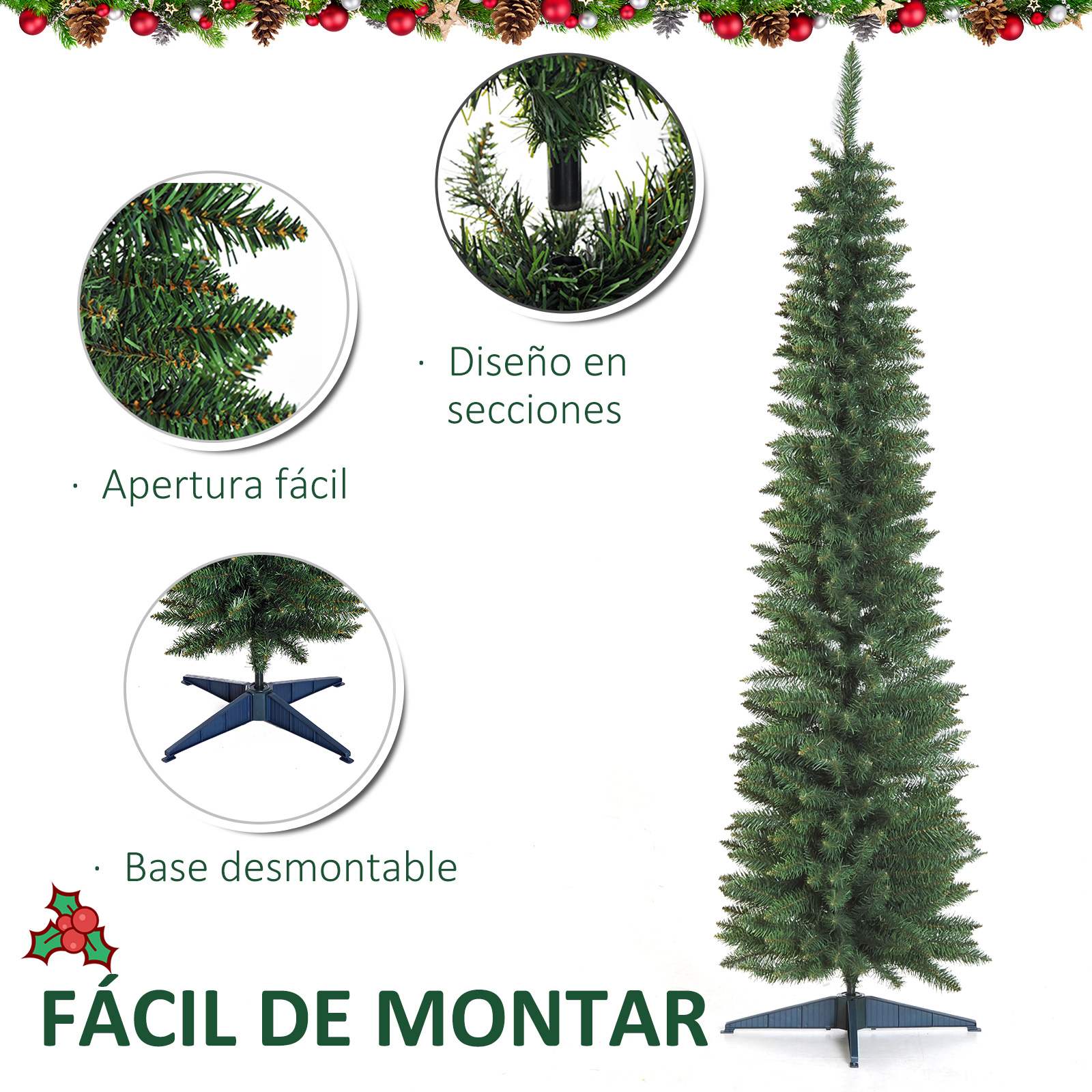 Árbol de Navidad verde con base negra, desmontado. Detalles: secciones y base desmontable.
