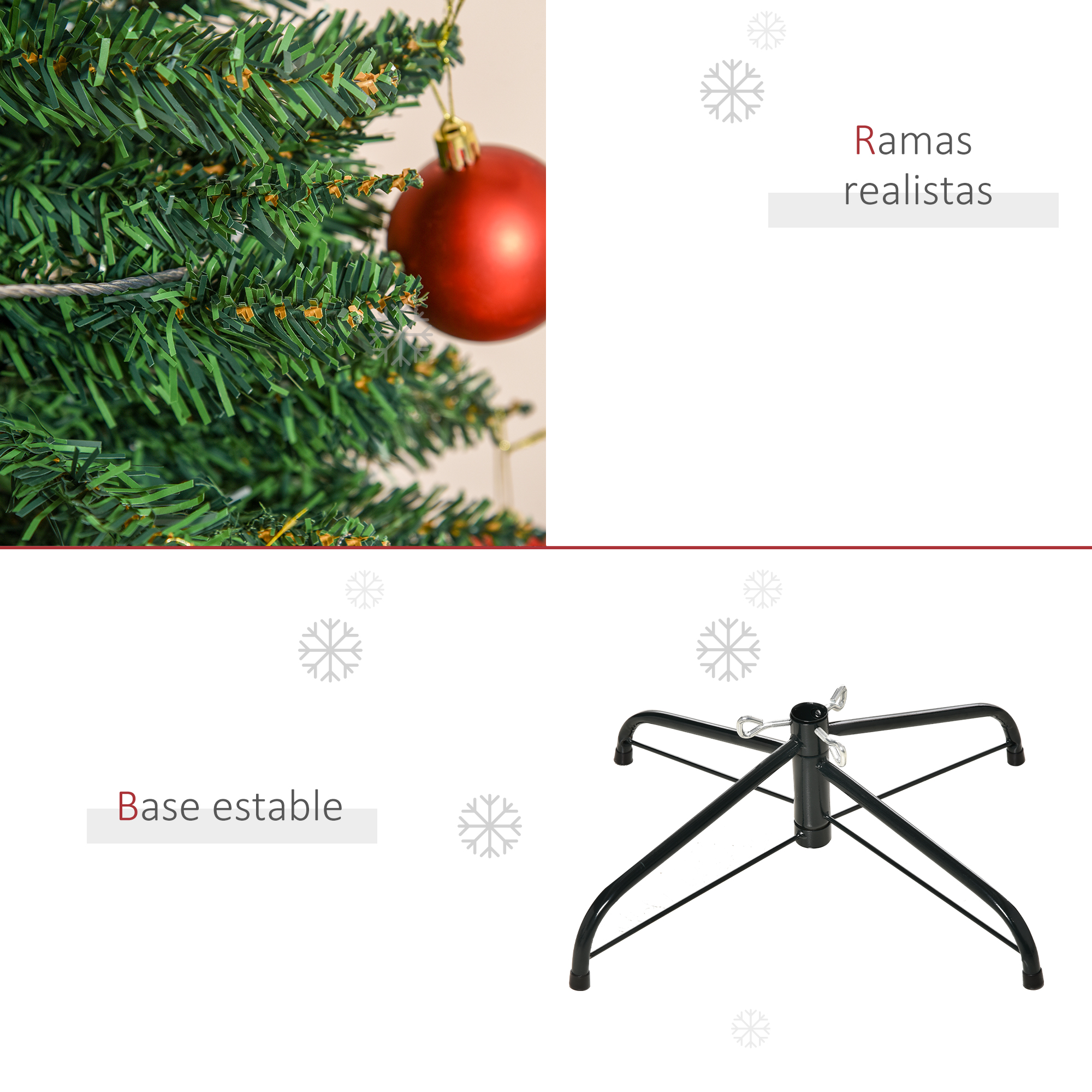 Detalles de rama y base del árbol de Navidad, con texto sobre ramas realistas y base.