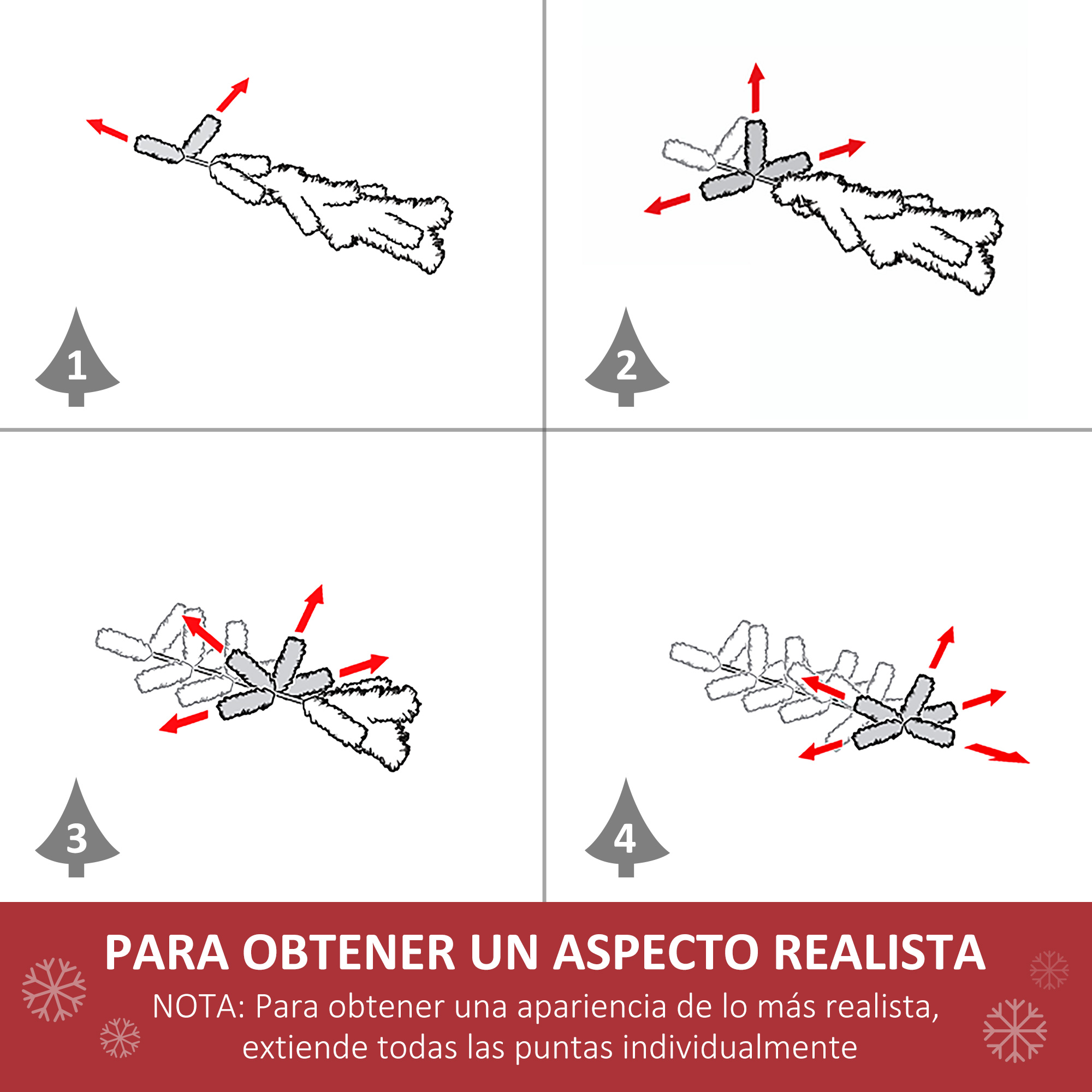 Cuatro diagramas muestran cómo abrir las ramas de un árbol de Navidad. Flechas rojas demuestran la acción.