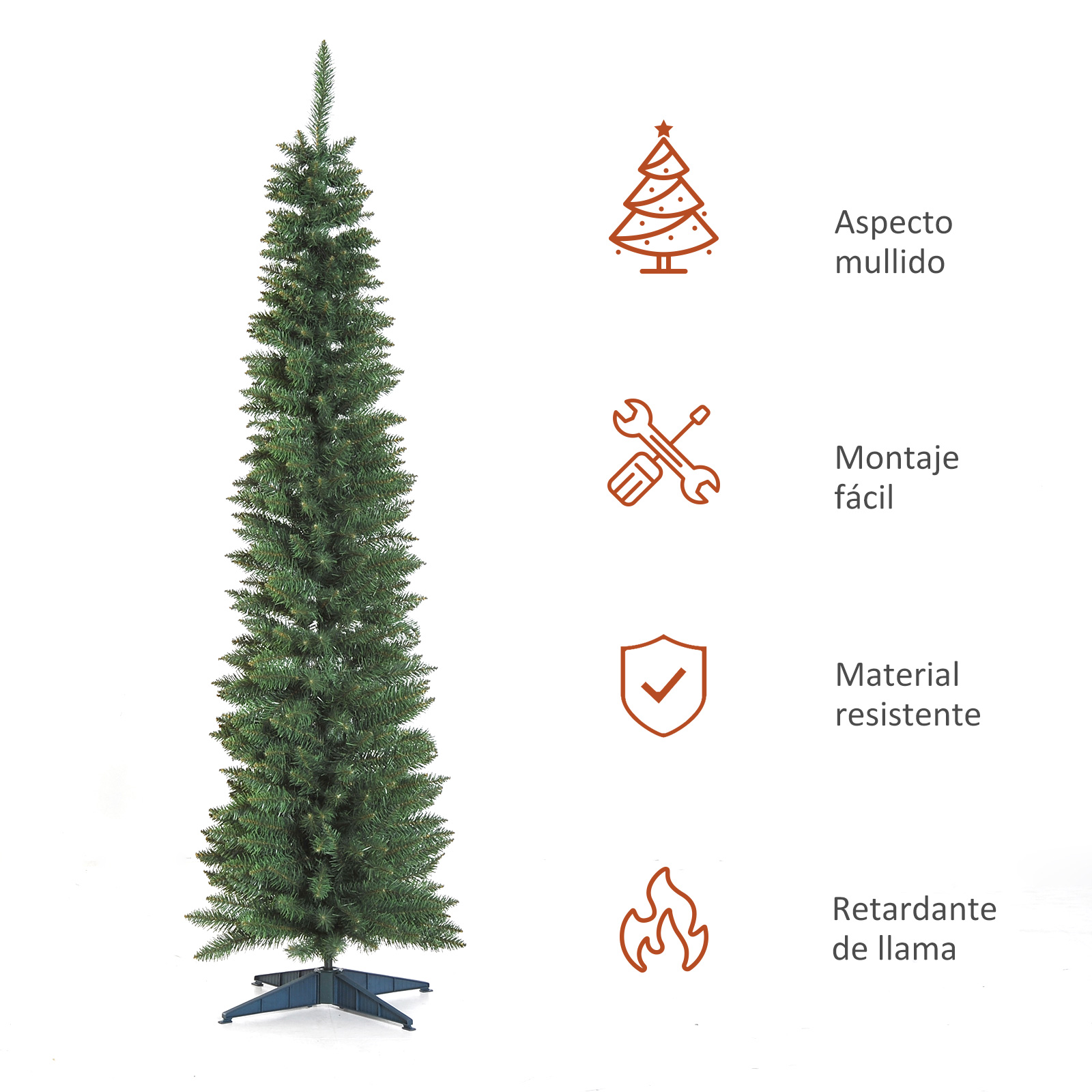 Un árbol de Navidad alto y verde sobre un fondo blanco con ilustraciones.