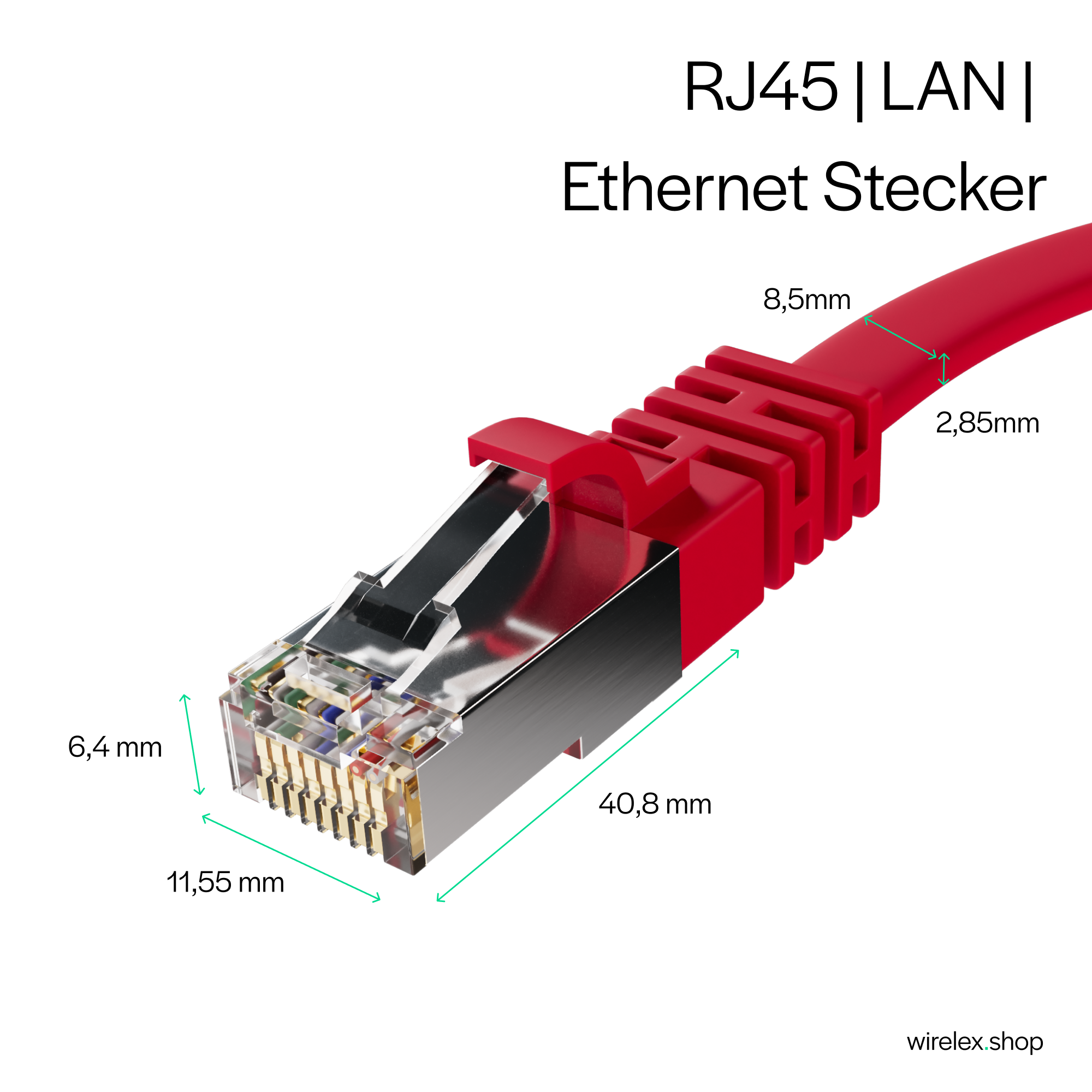 Ein rotes Ethernet-Kabel mit Messungen des Steckers.