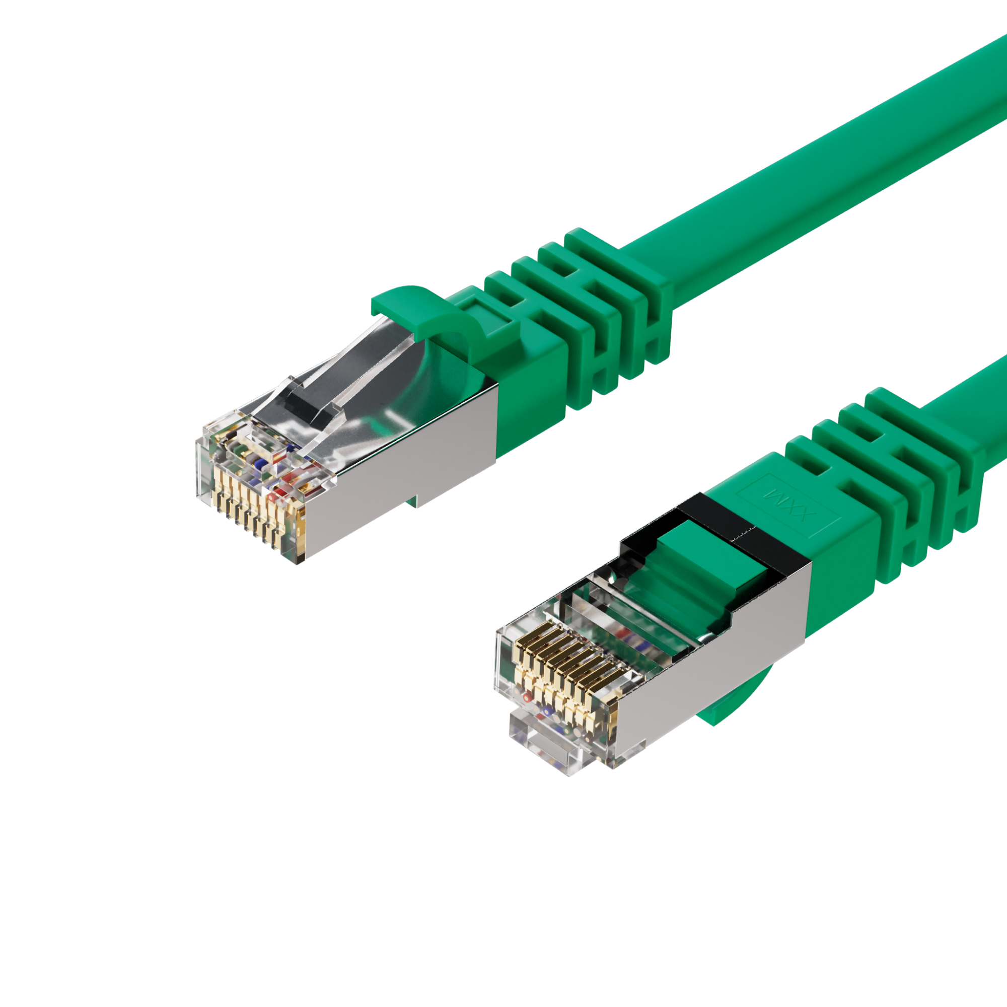 Zwei grüne Netzwerkkabel mit RJ45-Anschlüssen. Die Stecker haben sichtbare, mehrfarbige Drähte.