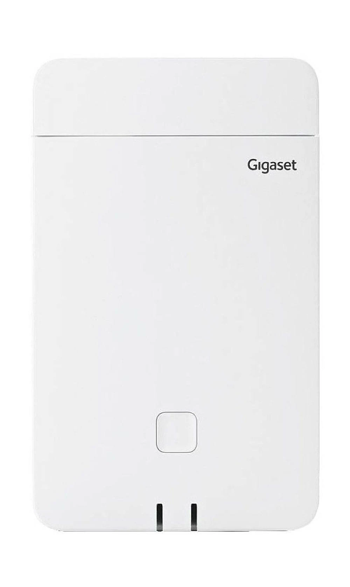Dispositivo Gigaset bianco. Forma rettangolare, piccolo pulsante quadrato e due piccole fessure nere in basso. Logo Gigaset.