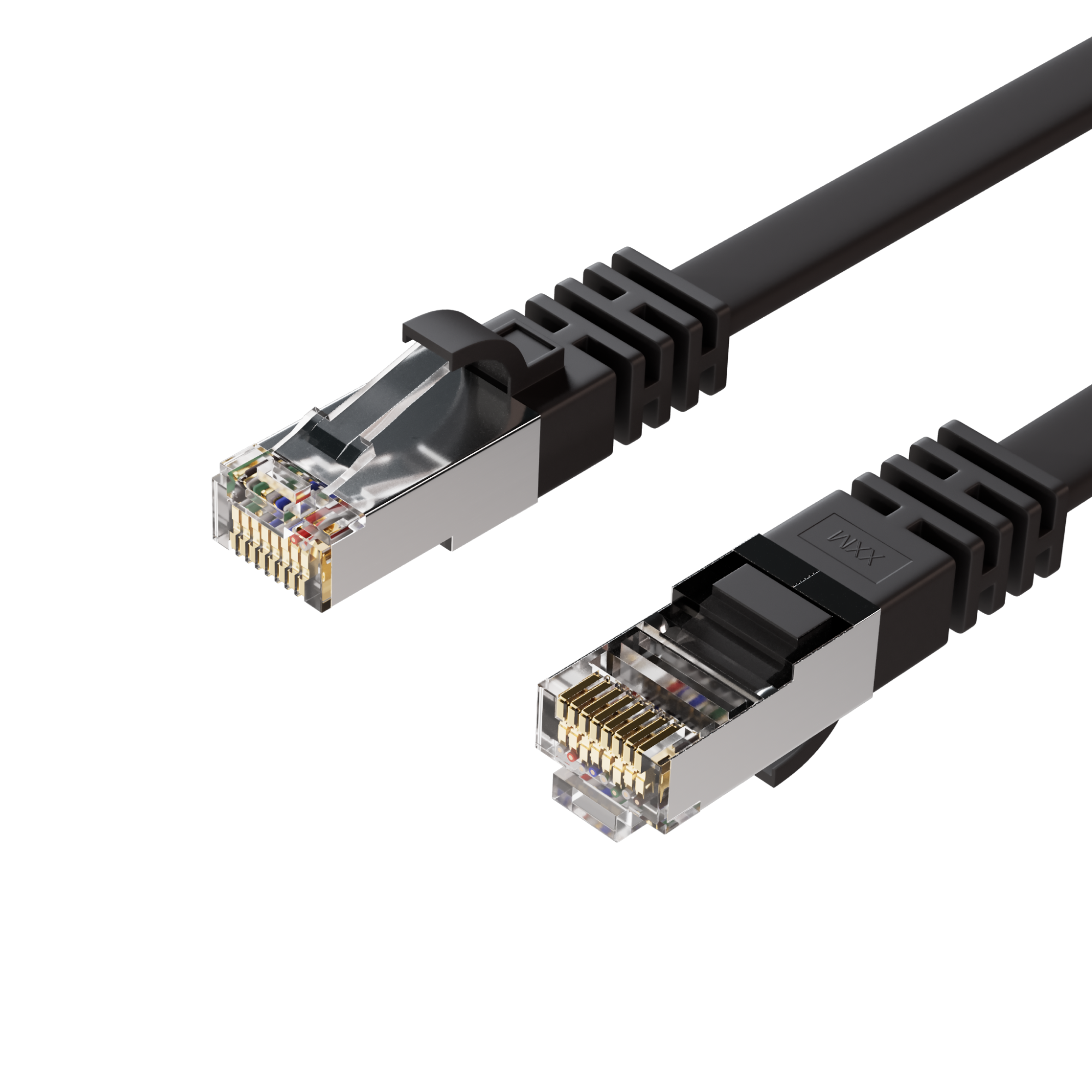 Zwei schwarze Ethernet-Kabel mit Steckern an den Enden, weißer Hintergrund.