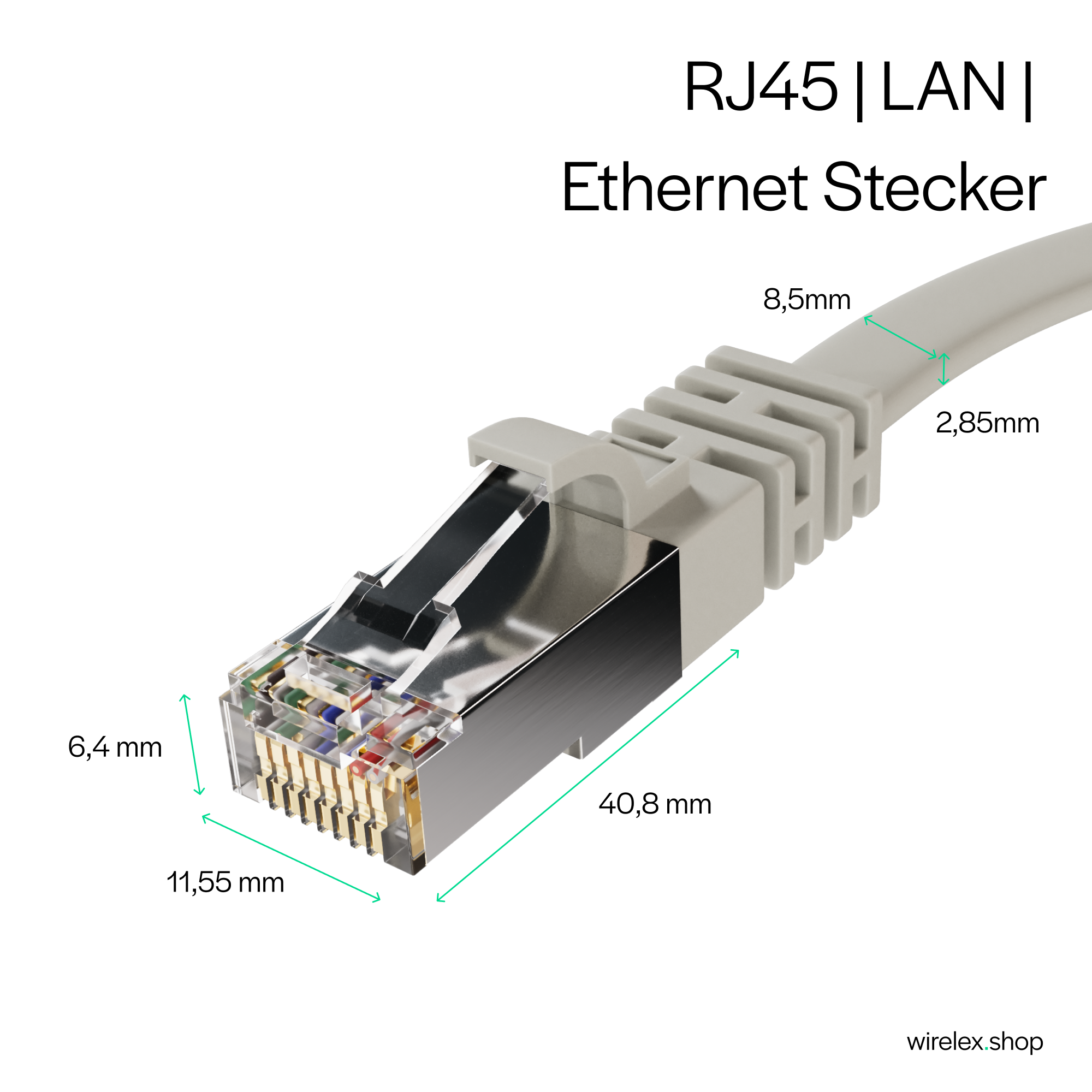 Ein RJ45-LAN-Ethernet-Anschluss mit Maßangaben auf weißem Hintergrund.