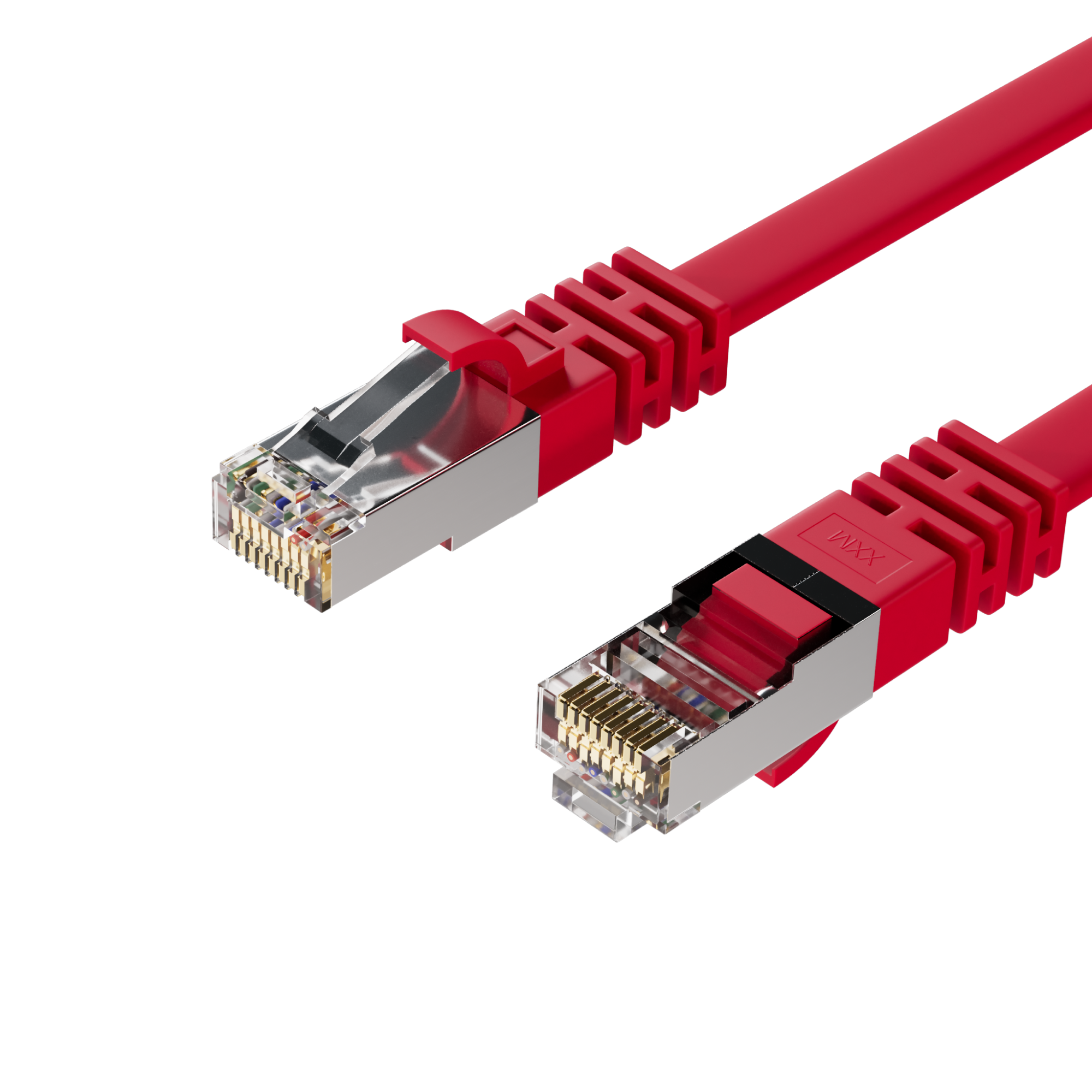 Rotes Ethernet-Kabel, zwei Stecker auf weißem Hintergrund, Nahaufnahme.