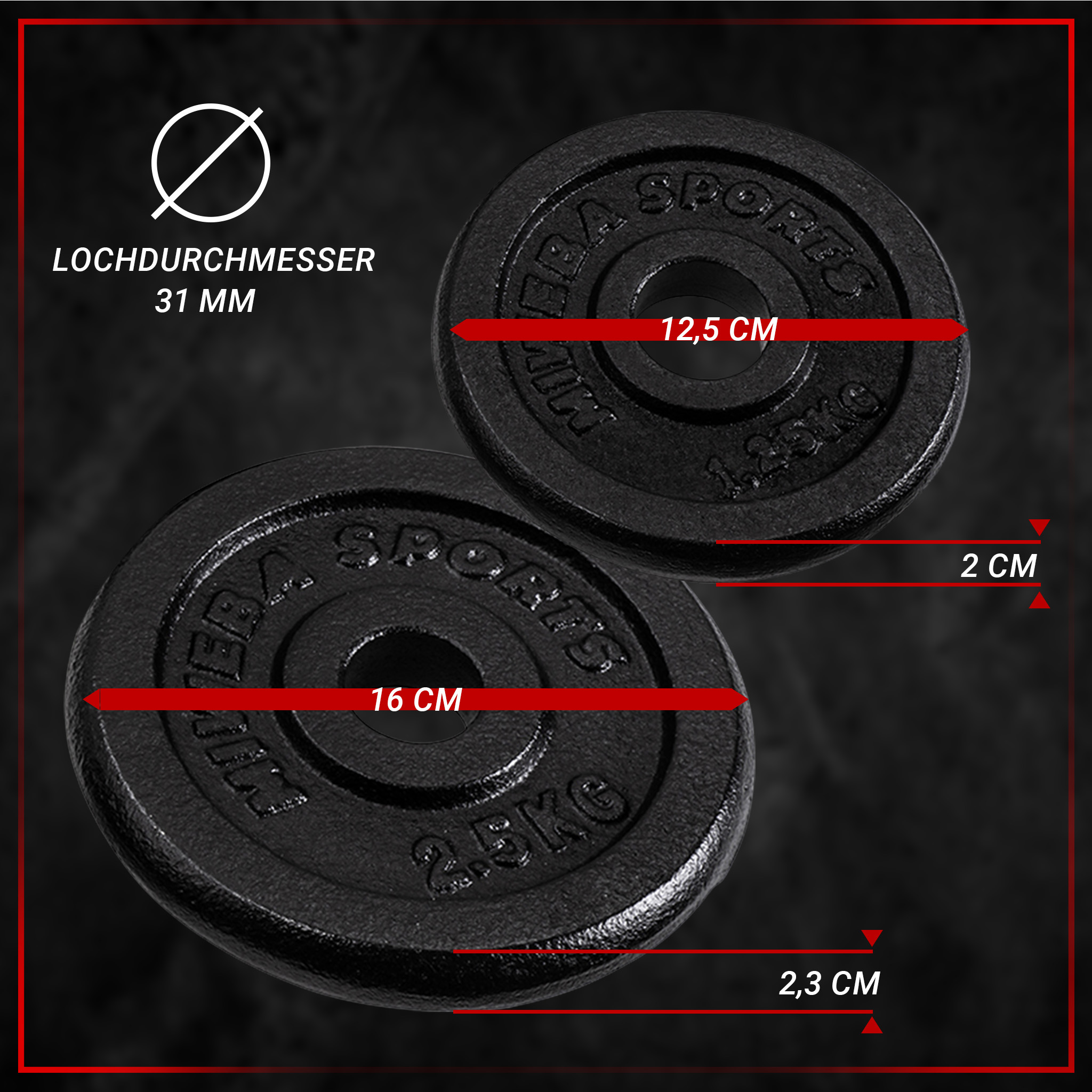 Zwei schwarze Gewichtsscheiben mit Maßen. Eine zeigt 16 cm, die andere 12,5 cm. Beide haben Text.