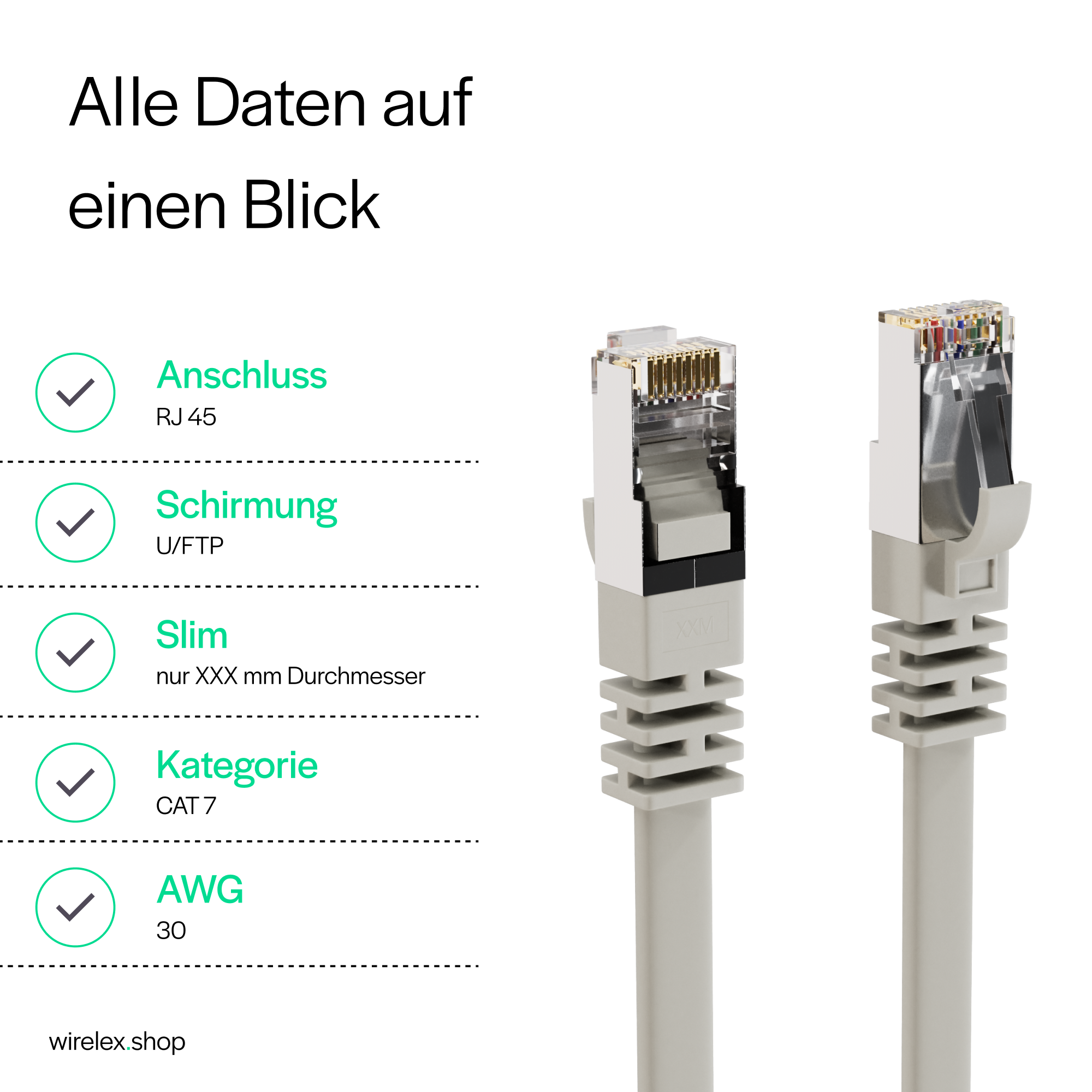 Zwei Netzwerkkabel mit RJ45-Steckern werden angezeigt. Die Kabel sind mit technischen Spezifikationen gekennzeichnet.