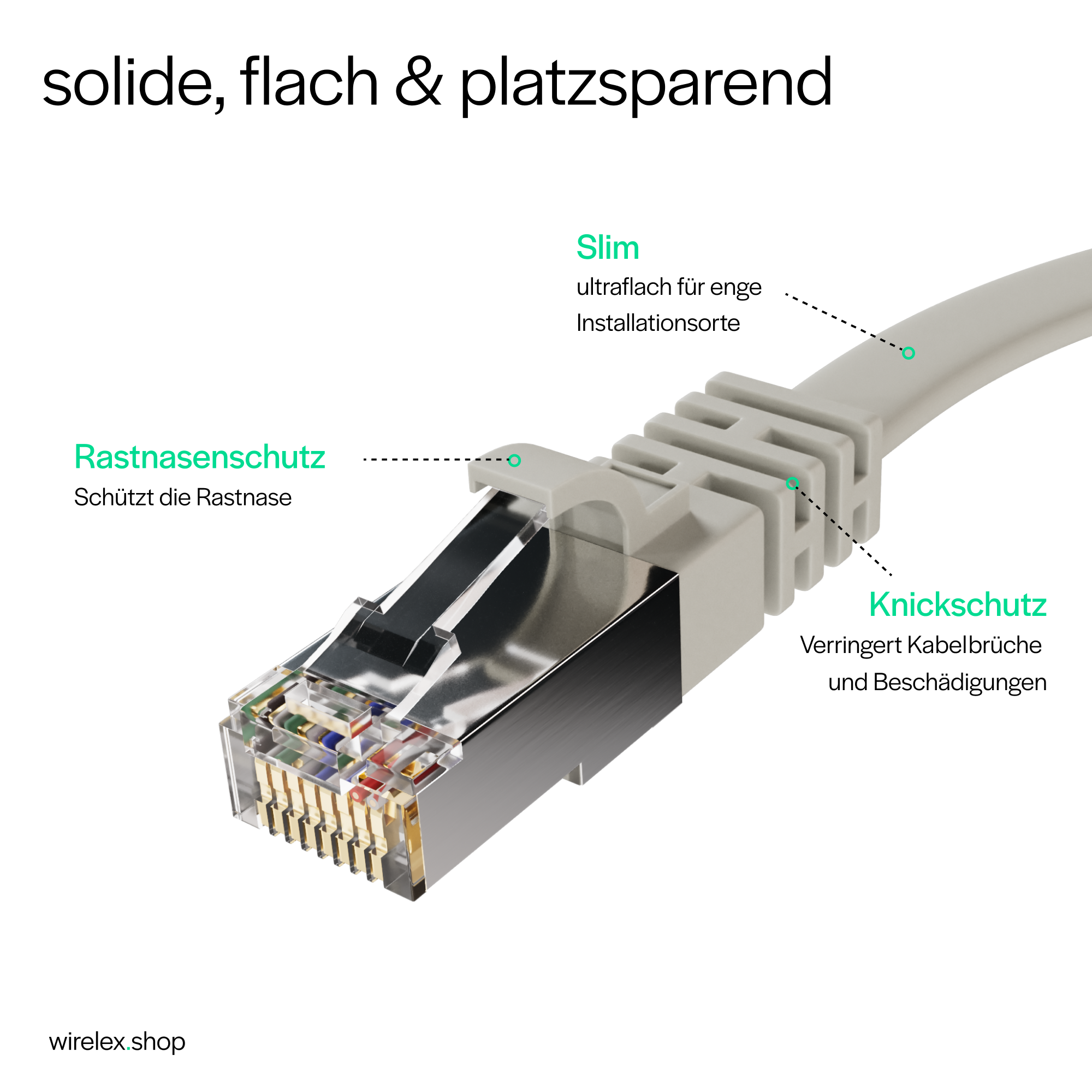 Nahaufnahme eines Netzwerksteckers mit interner Verkabelung und Schutzfunktionen.
