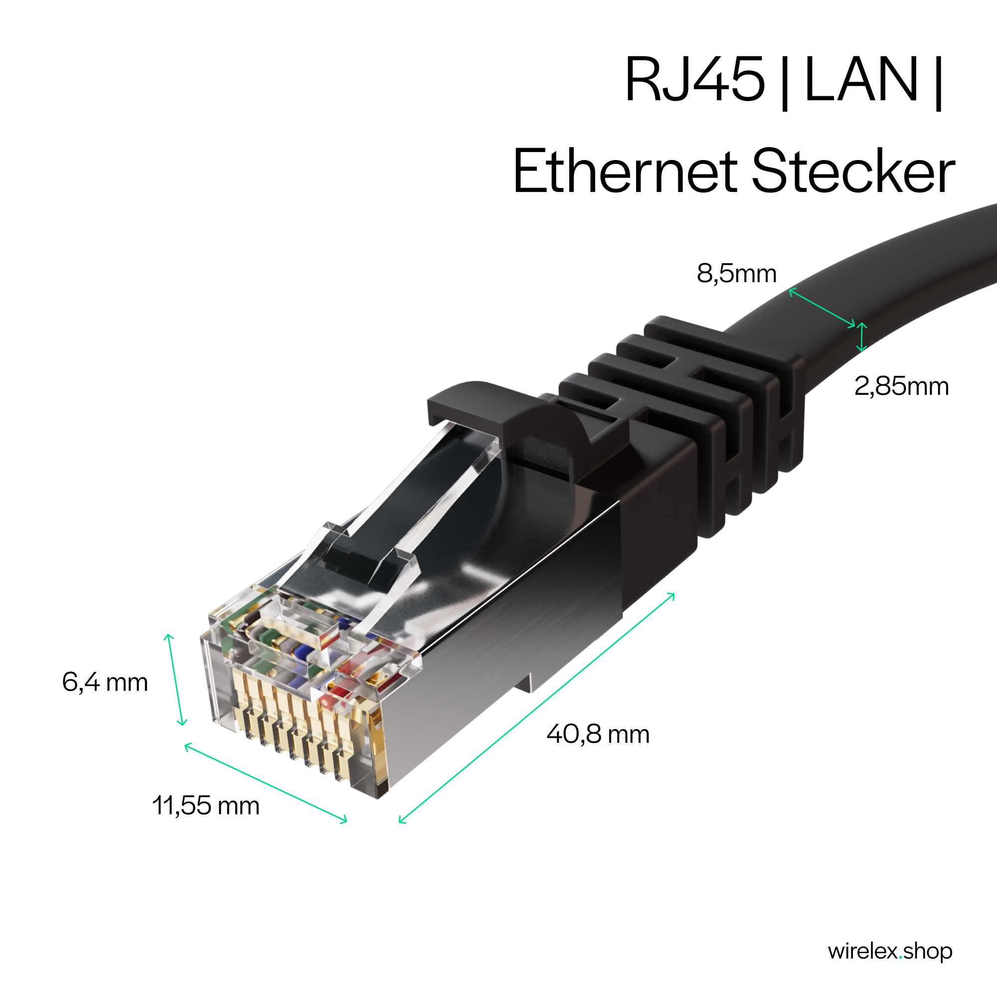 Ein RJ45-Ethernet-Stecker mit Maßangaben. Ein schwarzes Kabel ist befestigt.