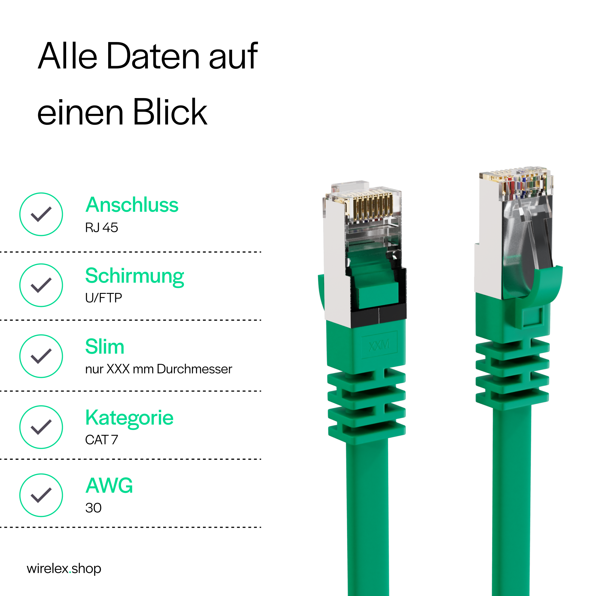 Zwei grüne RJ45-Stecker mit Etiketten, die Funktionen wie Abschirmung hervorheben.