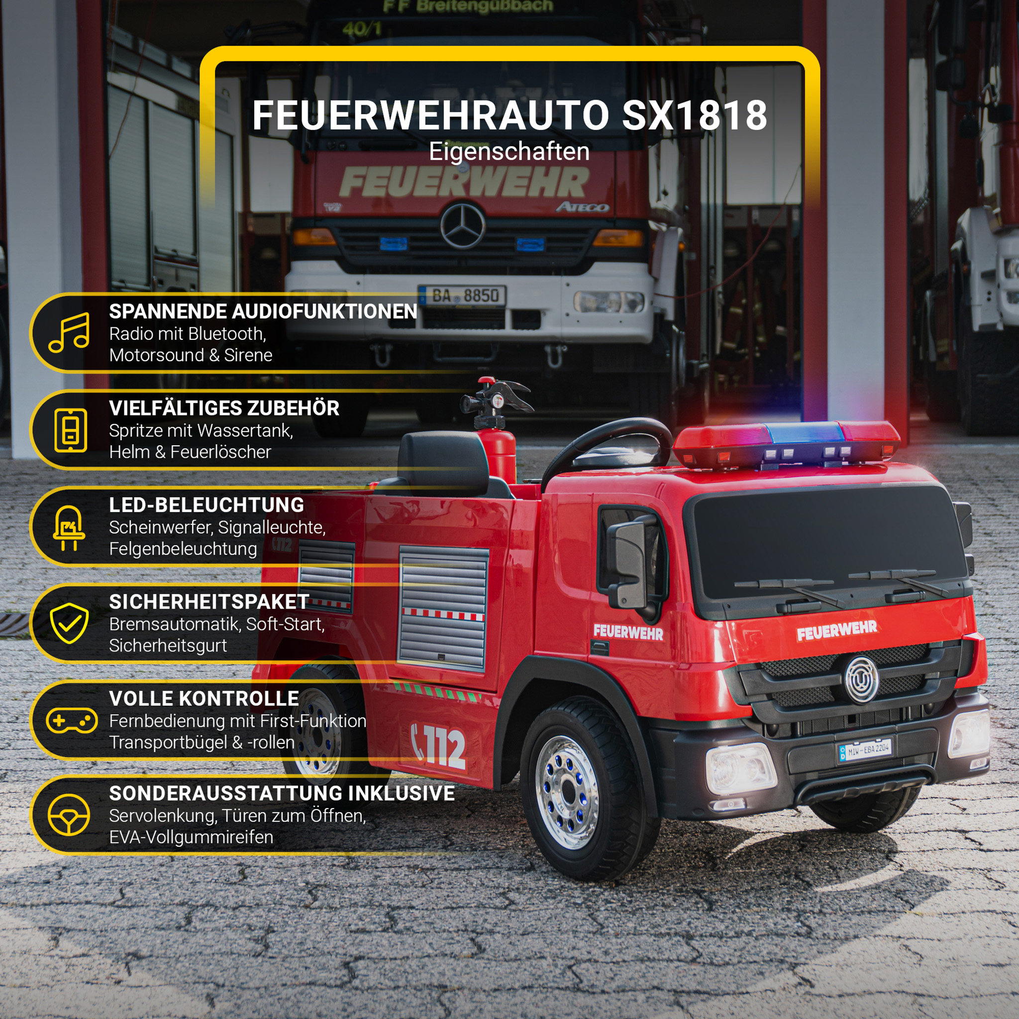 Rotes Spielzeug-Feuerwehrauto mit Funktionen und Text, der seine Eigenschaften beschreibt.