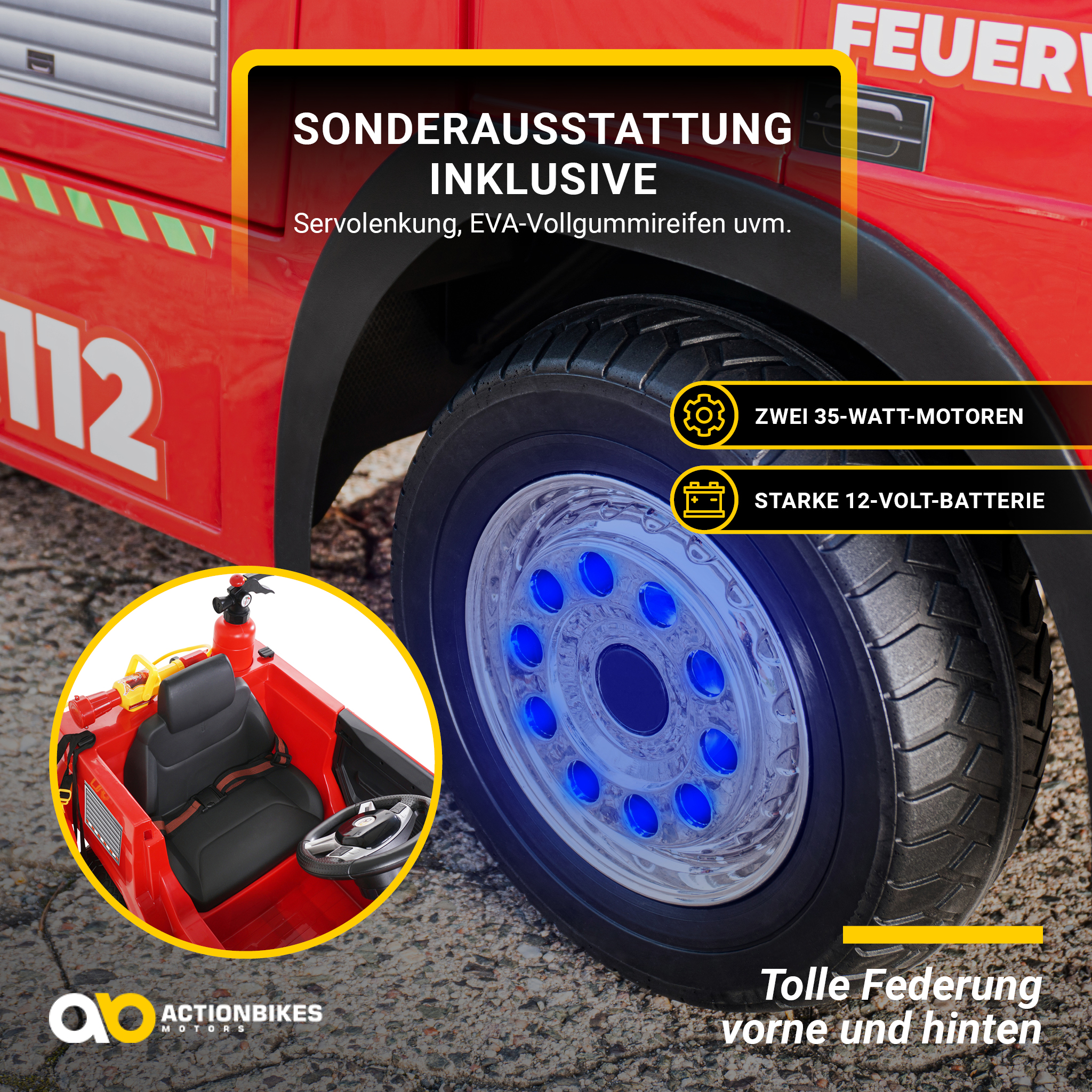 Ein roter Spielzeug-Feuerwehrwagen mit schwarzen Rädern und blauen Lichtern.